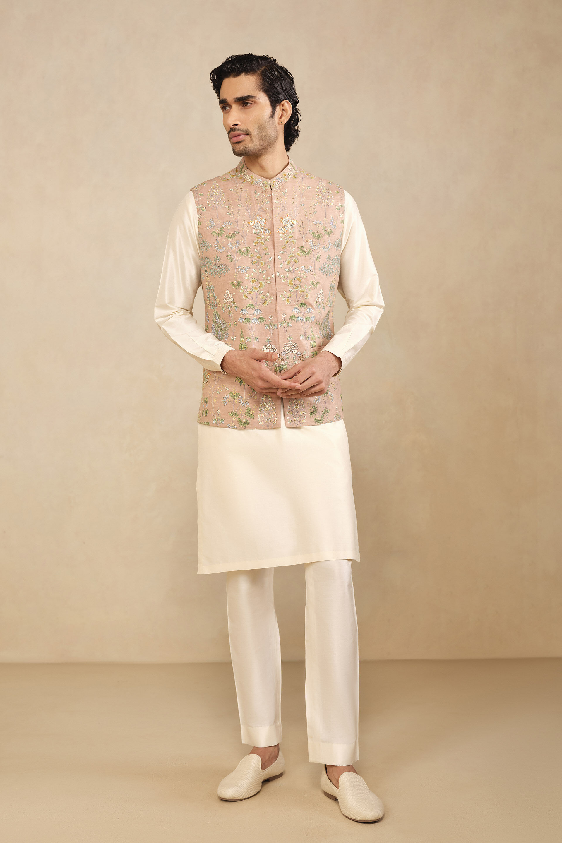 Aziz Hand-painted Pichhwai Silk Nehru Jacket - Salmon