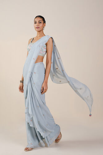 Summer Bloom Embroidered Georgette Pre-draped Saree, Powder Blue, image 2