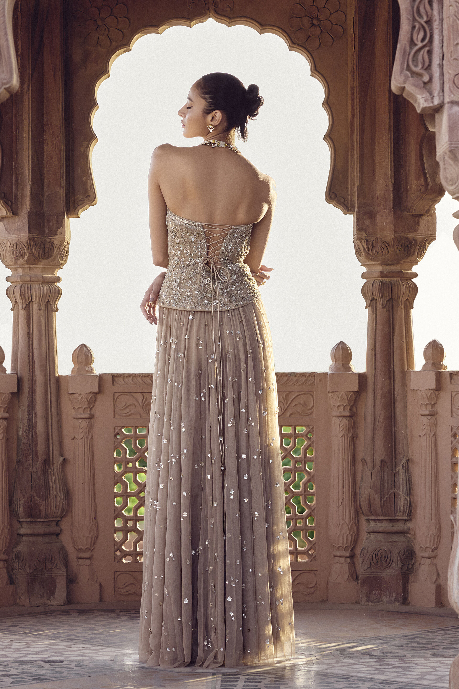 Ishra Gota PattI Skirt Set - Beige