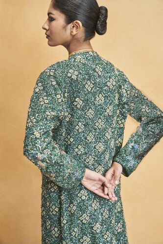 Deep Into The Wild Embroidered Zardozi Silk Jacket Set - Green, Green, image 9