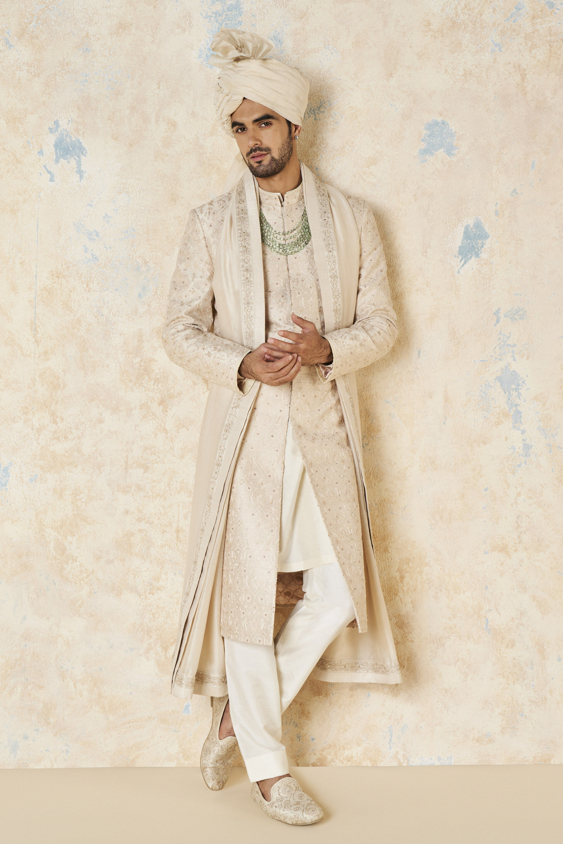 Aajay Zardozi &amp; Aari Silk Sherwani - Ecru