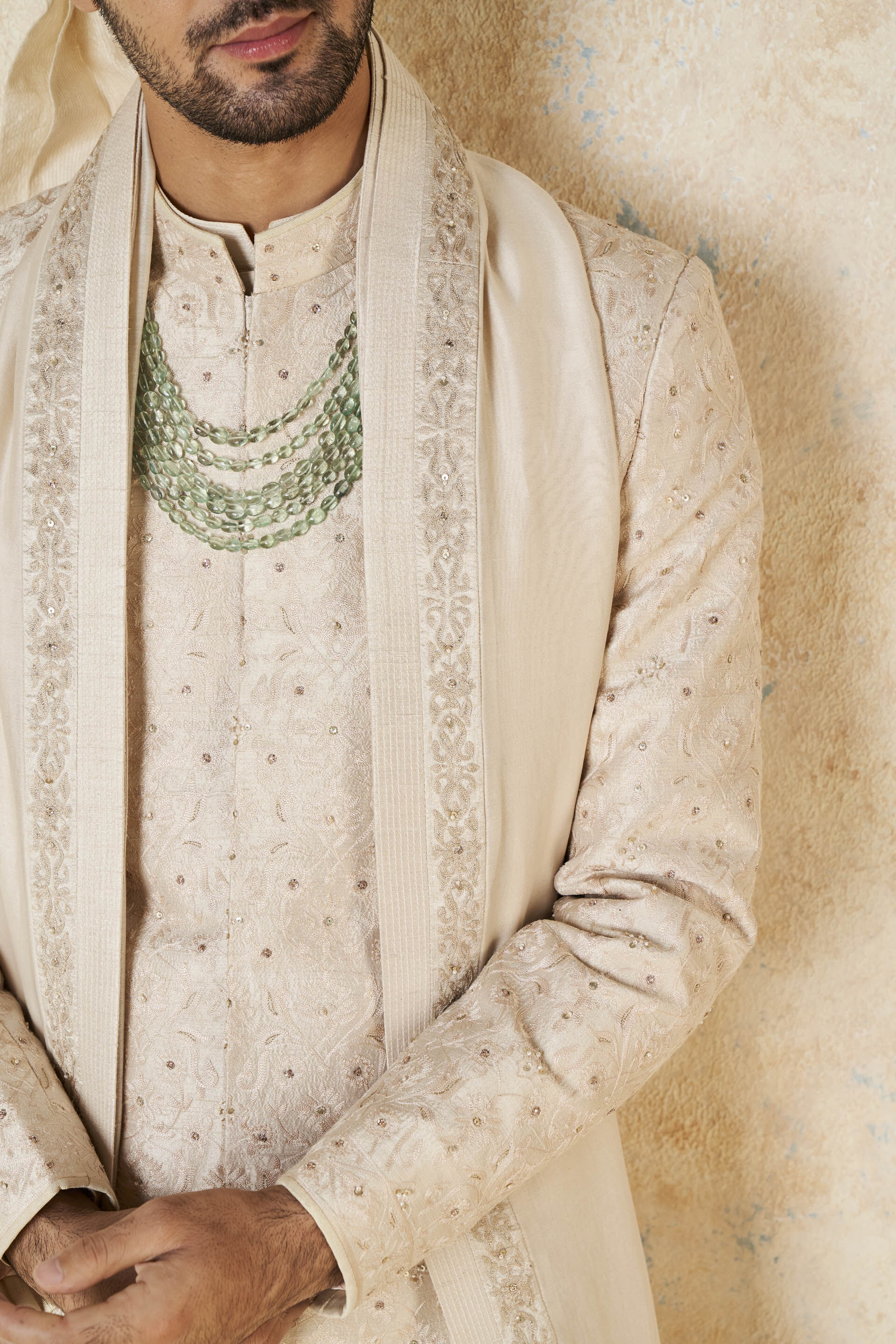 Aajay Zardozi & Aari Silk Sherwani - Ecru, Ecru, image 8