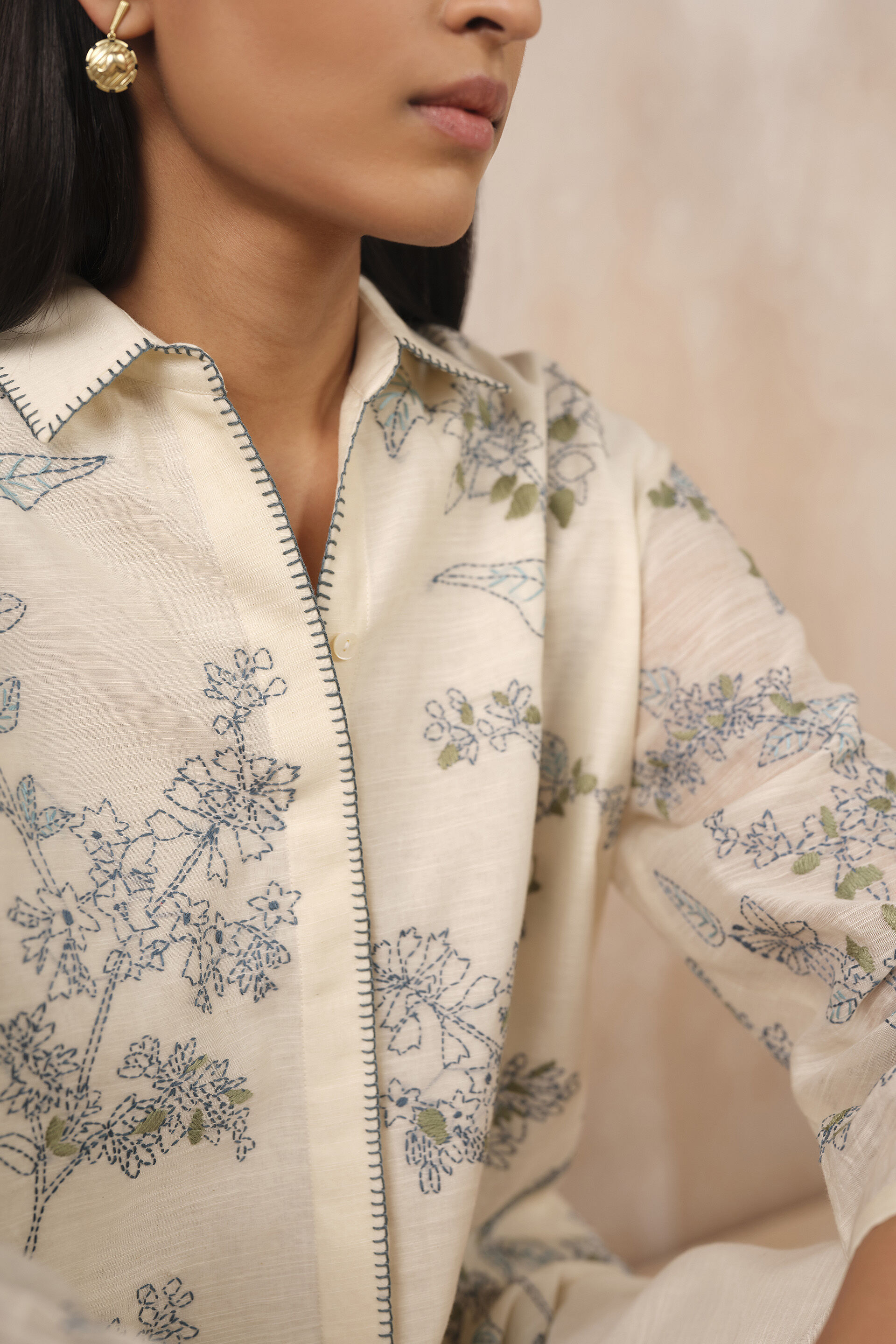 Suvi Hand-embroidered Kantha Shirt - White, White, image 5