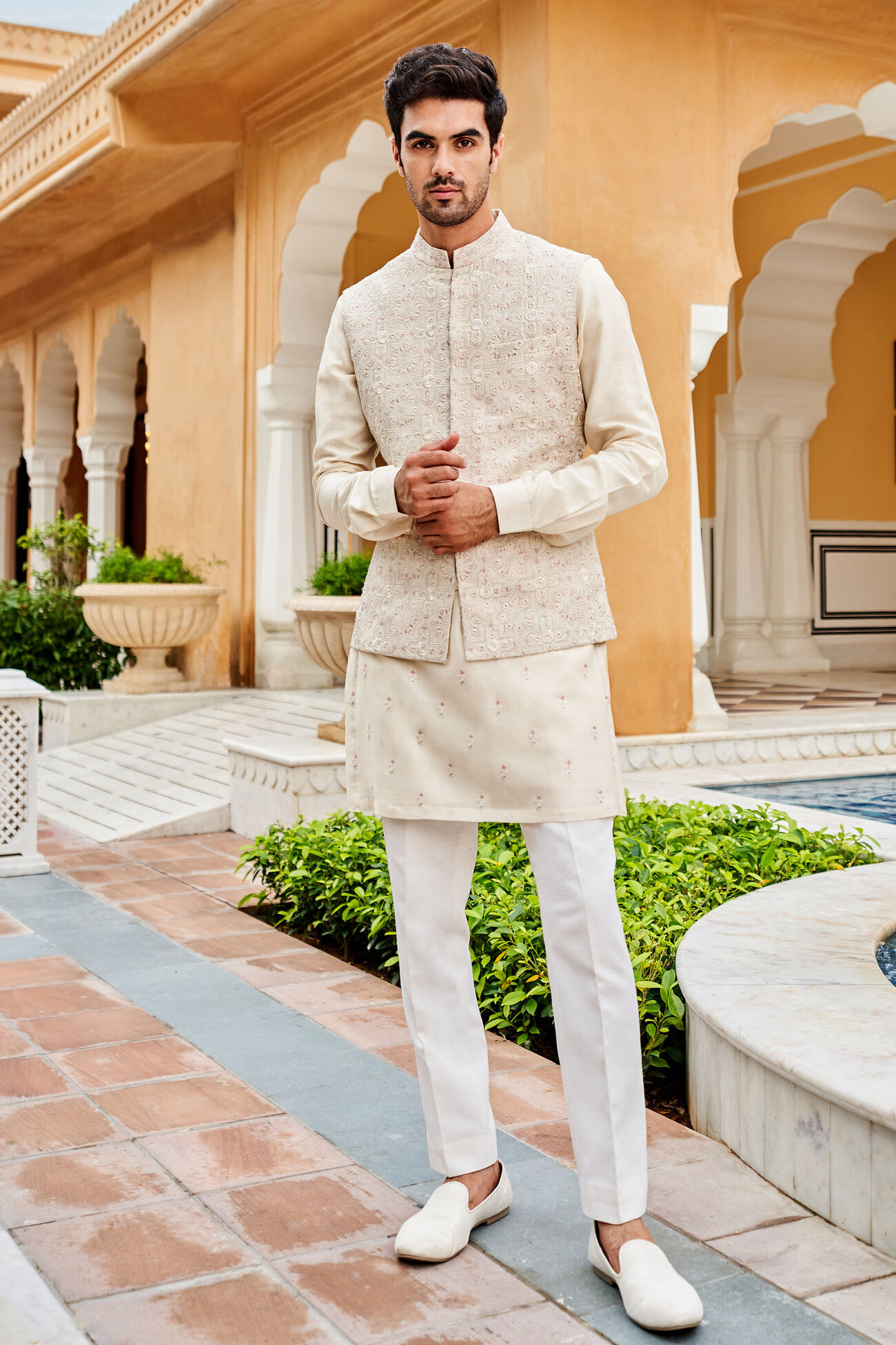 formal dress with nehru jacket Handmade Brocade Silk Nehru Jacket Set