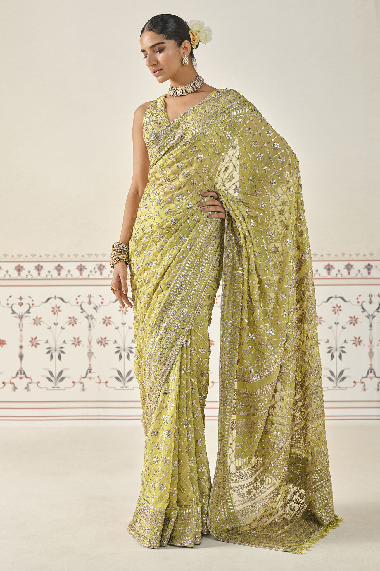 Tajanae Gota Patti Saree - Blush, Lime, image 1