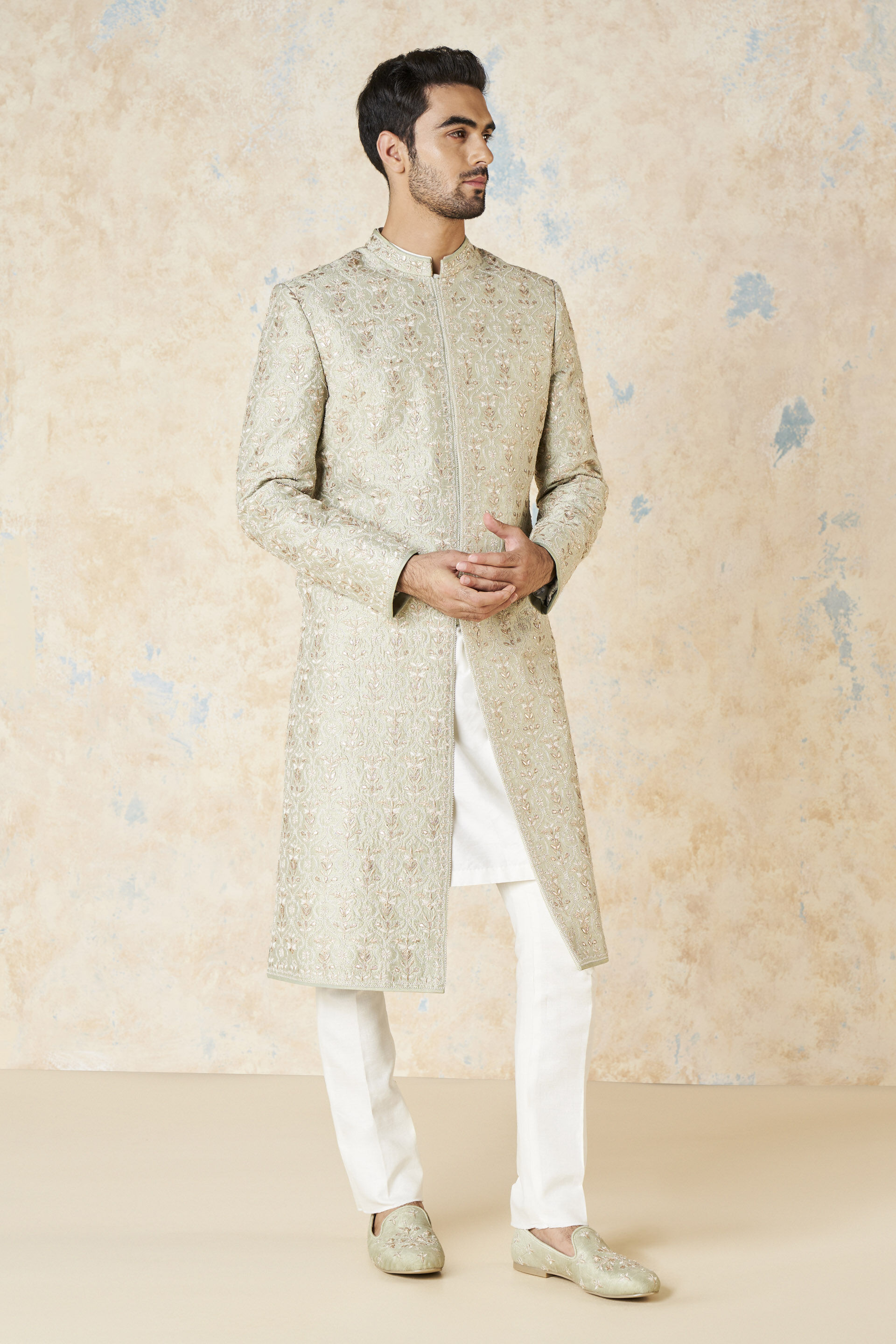 Devarsh Gota Patti & Aari Silk Sherwani - Sage, Sage, image 5