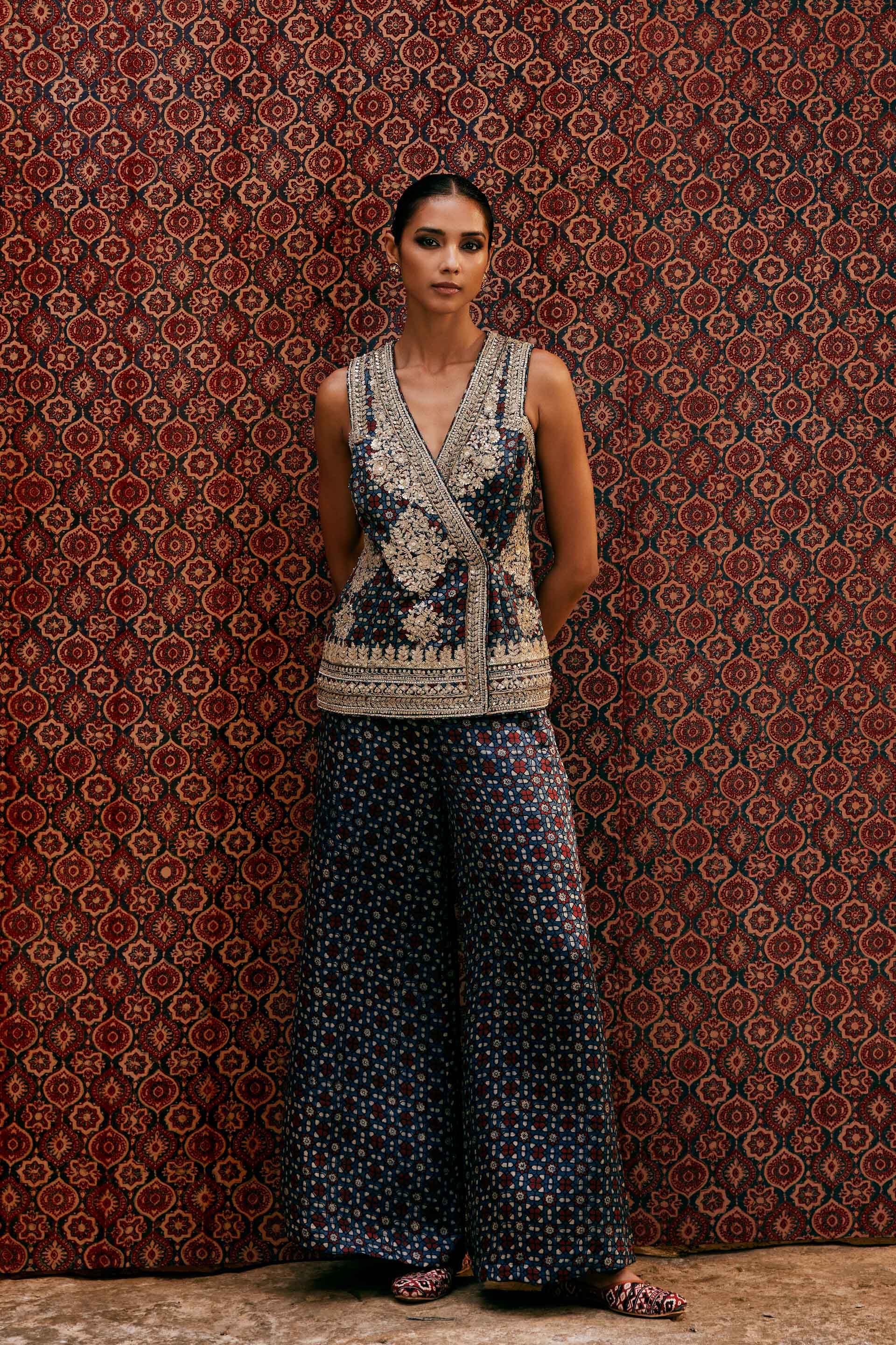 Bahada Ajrakh Hand-block Printed Silk Palazzo Set - Blue