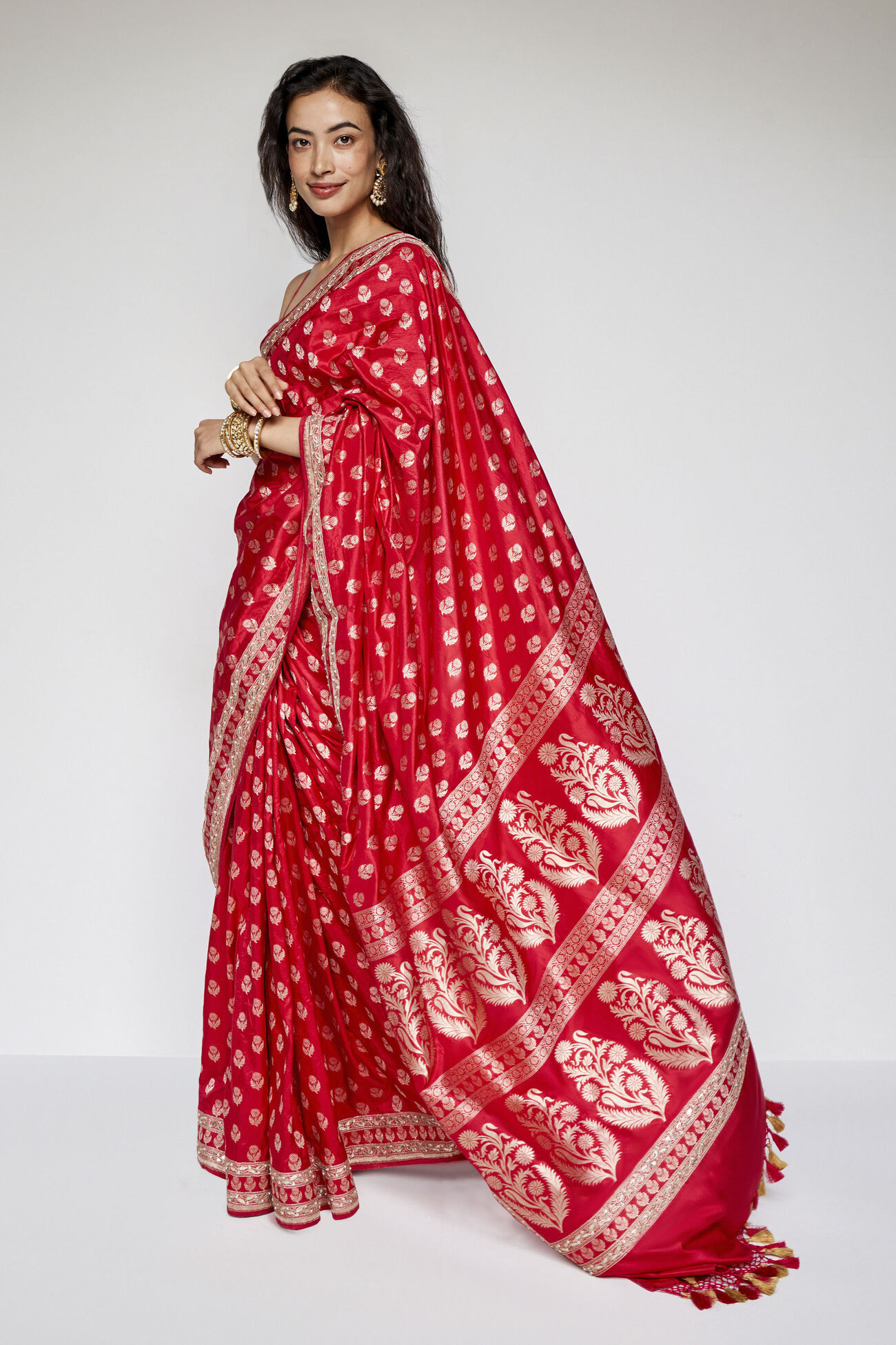 Shalena Benarasi Silk Embroidered Saree - Red, Red, image 3