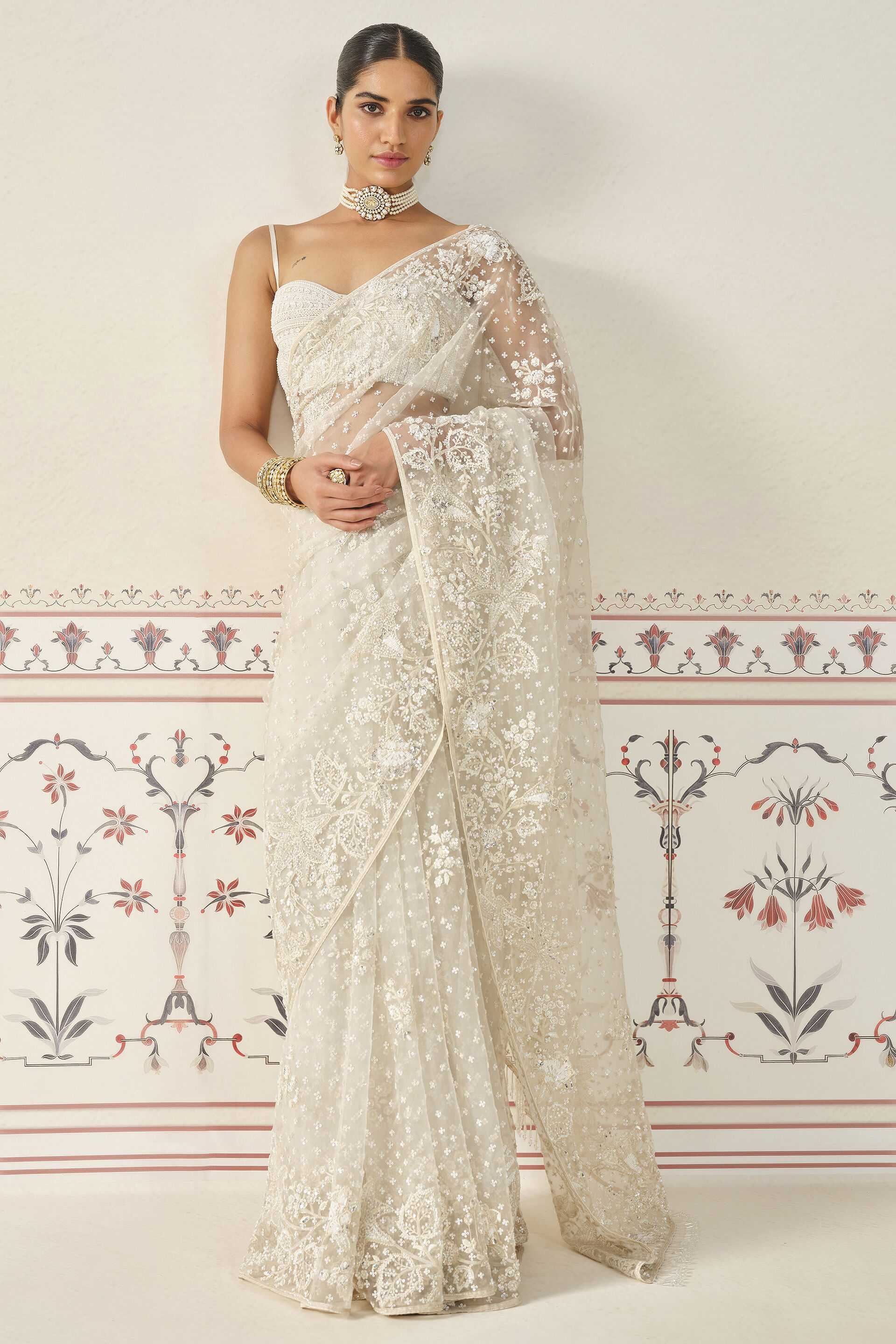 Bhama Embroidered Saree Set Ivory
