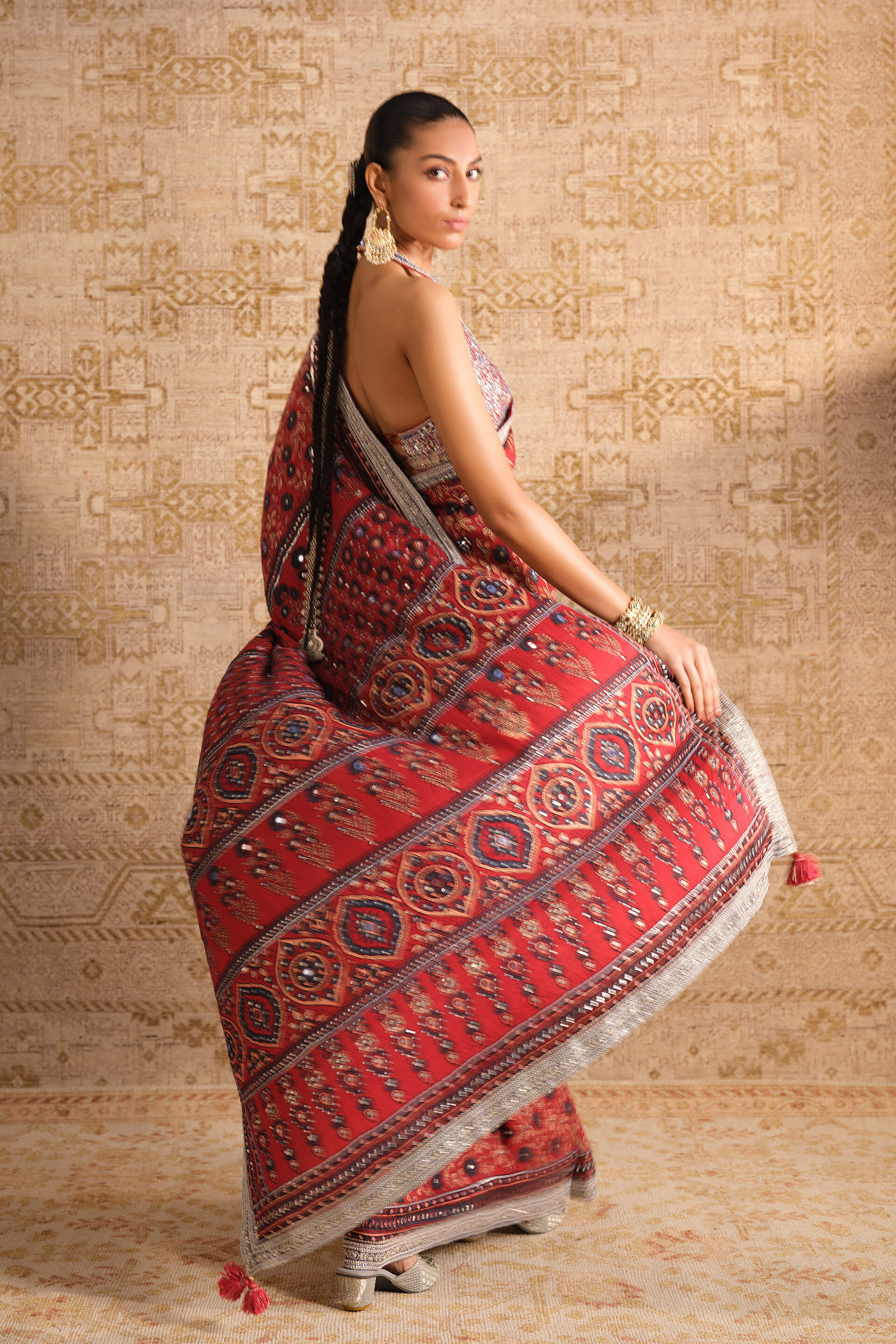 Grisha Ajrakh Hand-block Printed Silk Saree - Red, Red, image 4