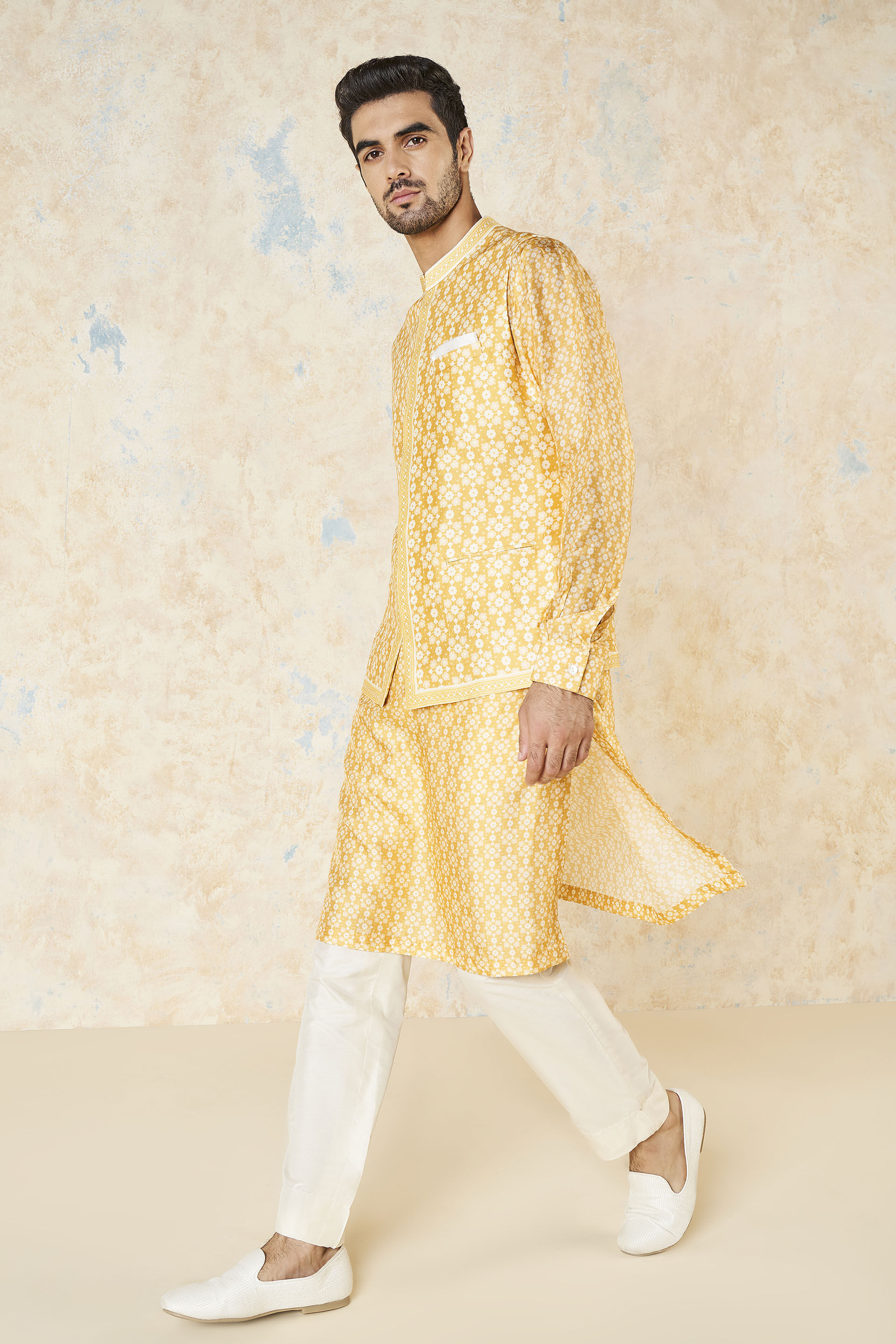 Mustard silk polka dotted nehru jacket with off white kurta and pyjama -  set of three by Desi Doree | The Secret Label