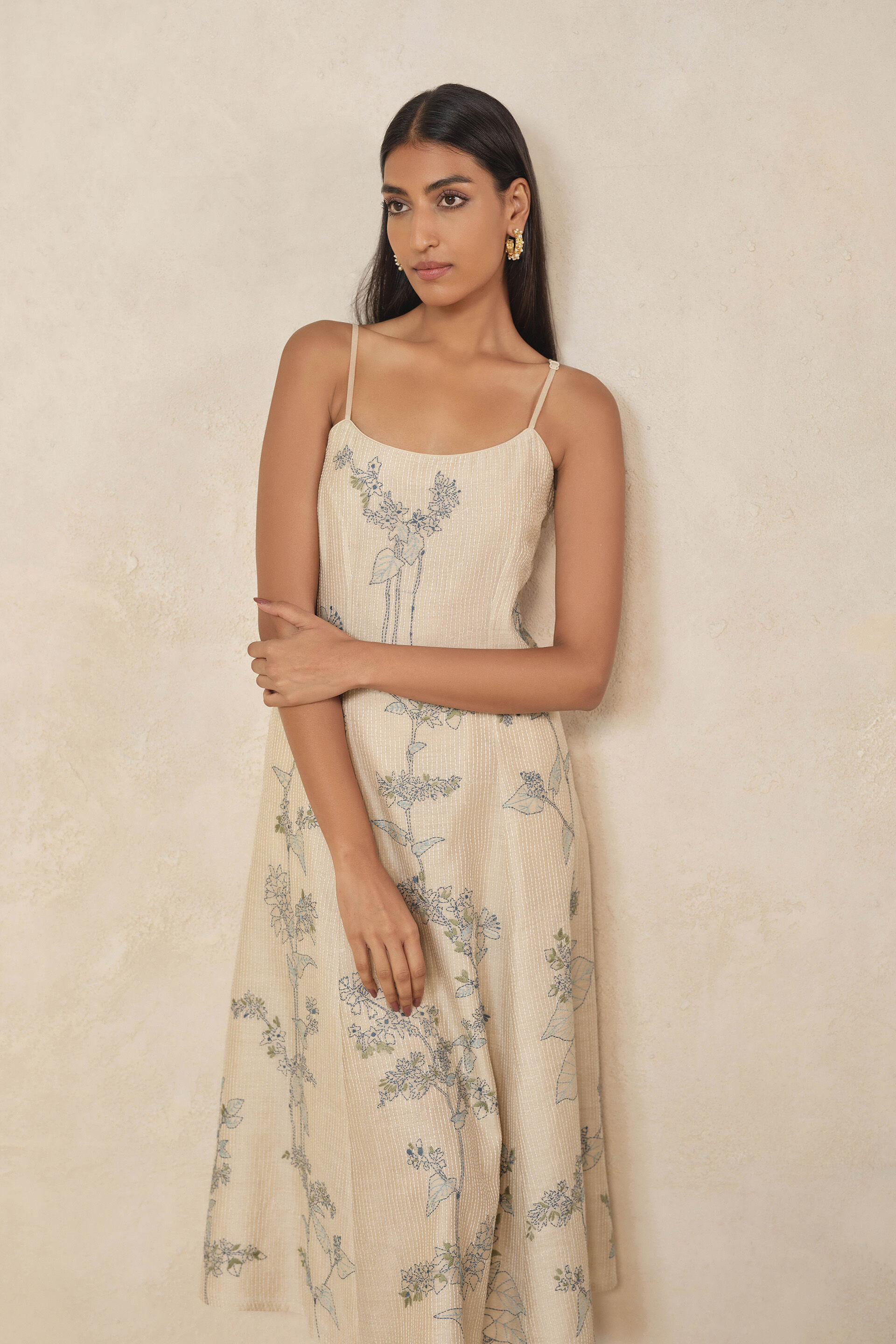 Haiku Hand-embroidered Kantha Silk Dress - Beige, Beige, image 4