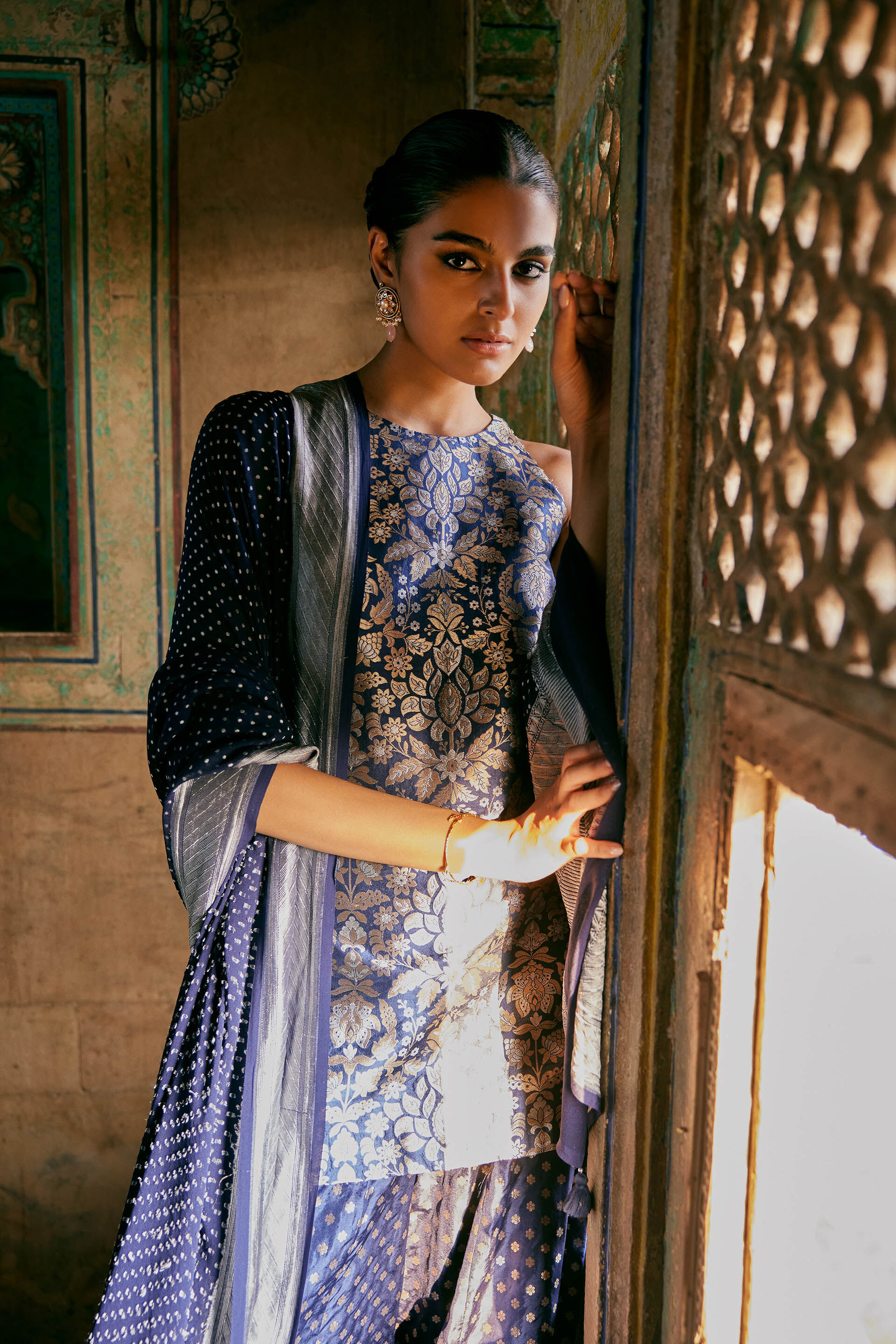 Swadha Handwoven Benarasi Silk Sharara Set - Blue, Blue, image 2