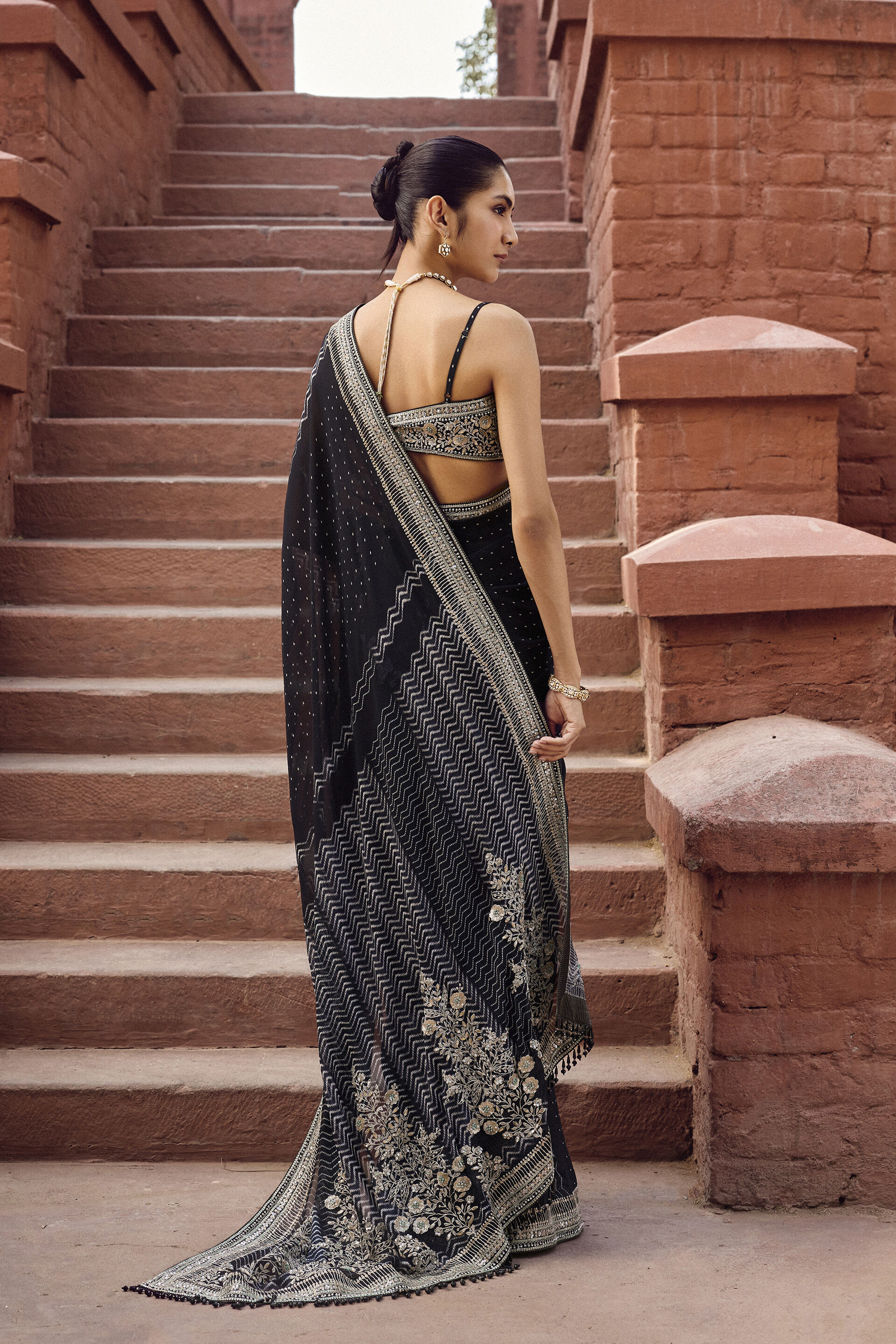 Afruza Embroidered Georgette Saree - Black