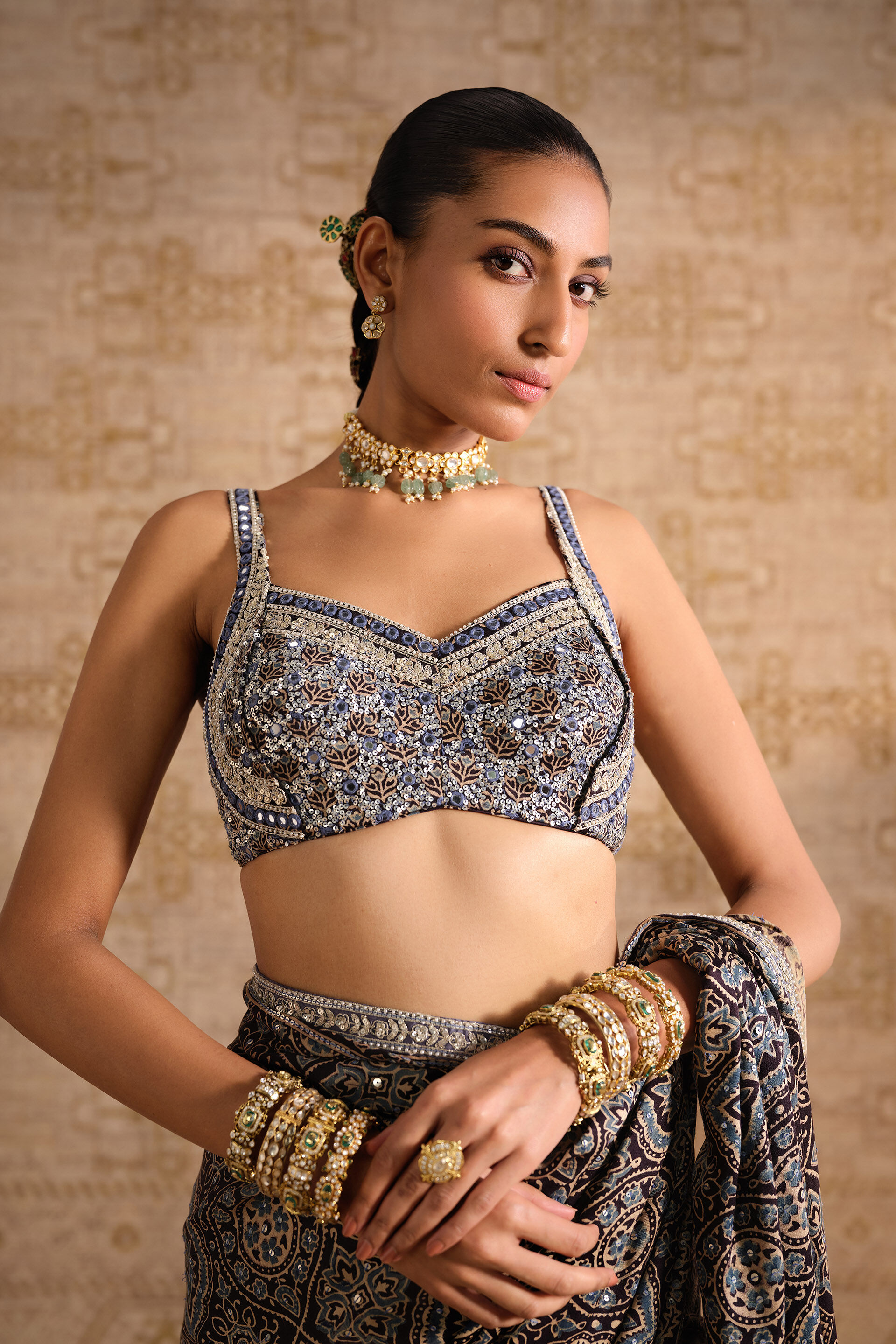 Grisha Embroidered Ajrakh Hand-block Printed Silk Choli - Black