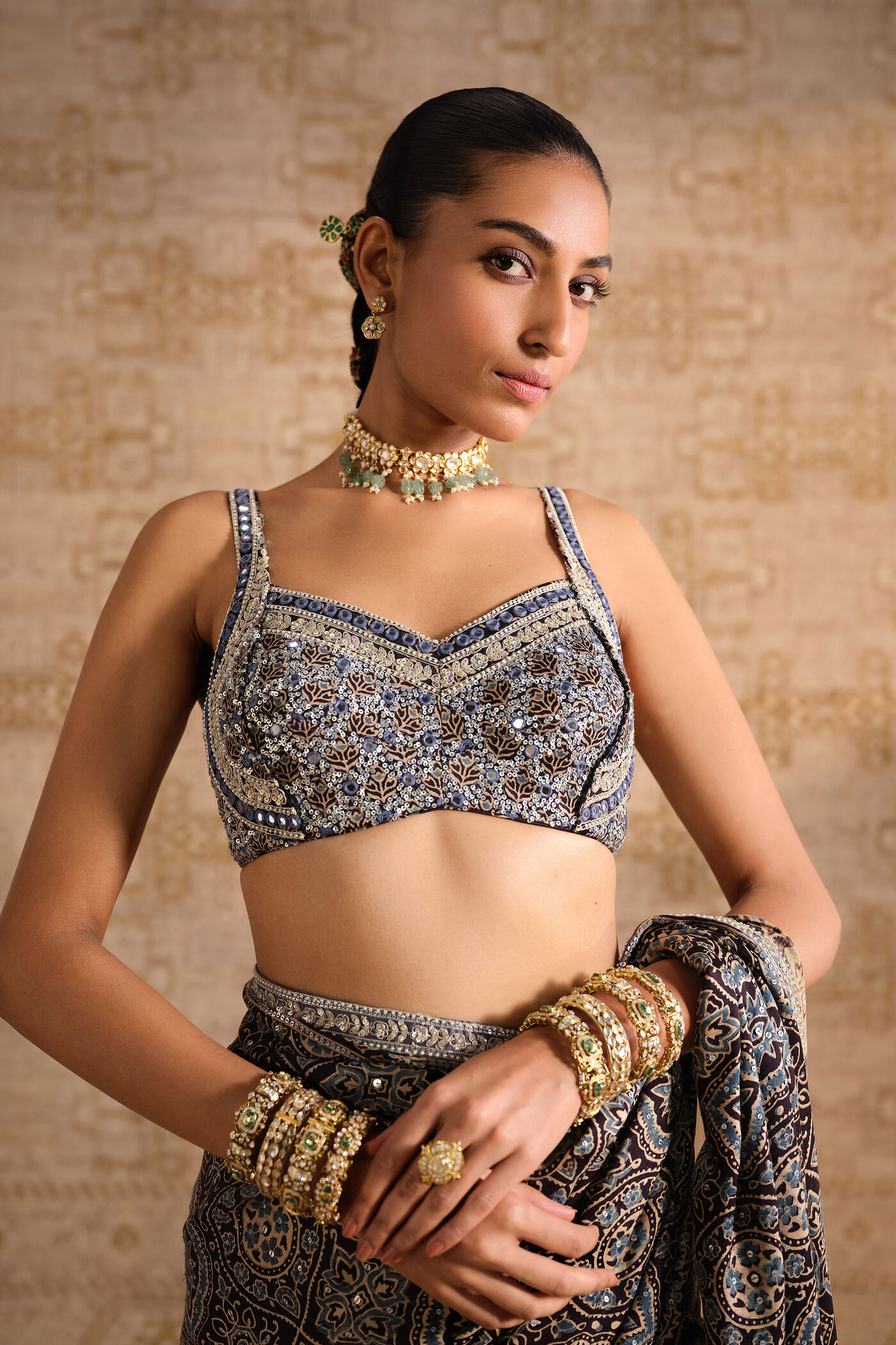 Grisha Embroidered Ajrakh Hand-block Printed Silk Choli - Black