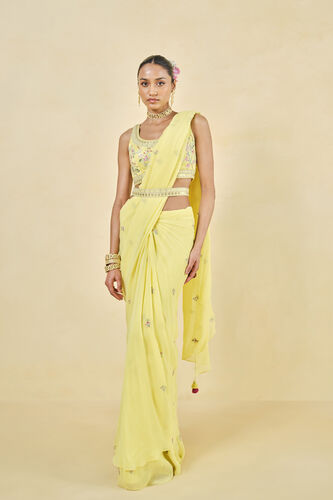 Summer Bloom Embroidered Georgette Pre-draped Saree - Yellow, Yellow, image 1