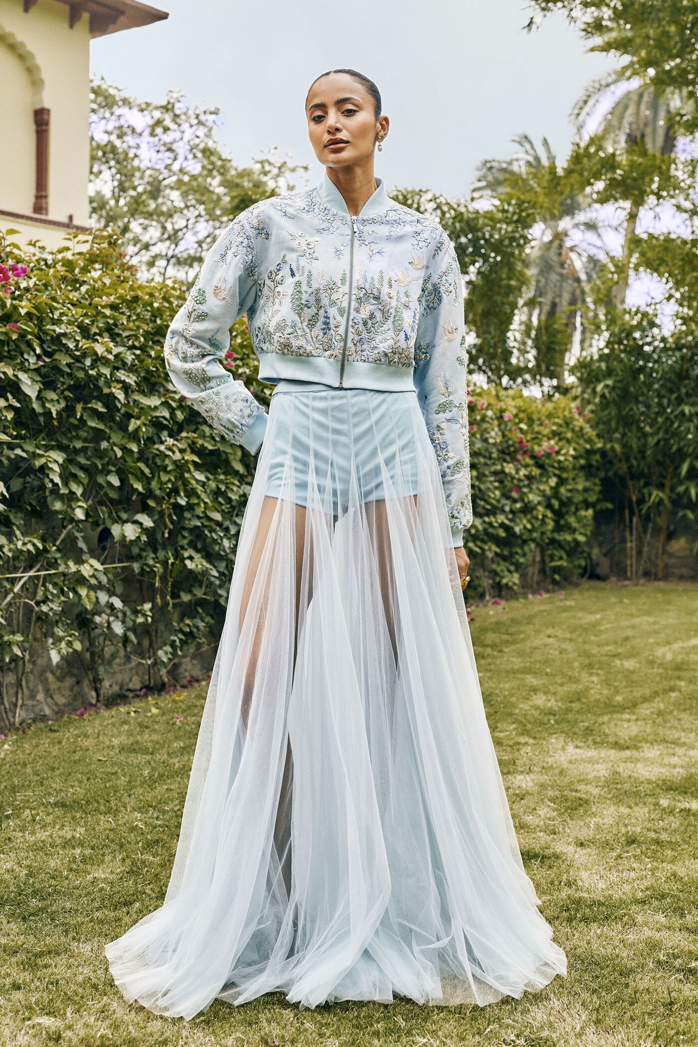 Wonder Gota Patti Sheer Skirt Set - Powder Blue