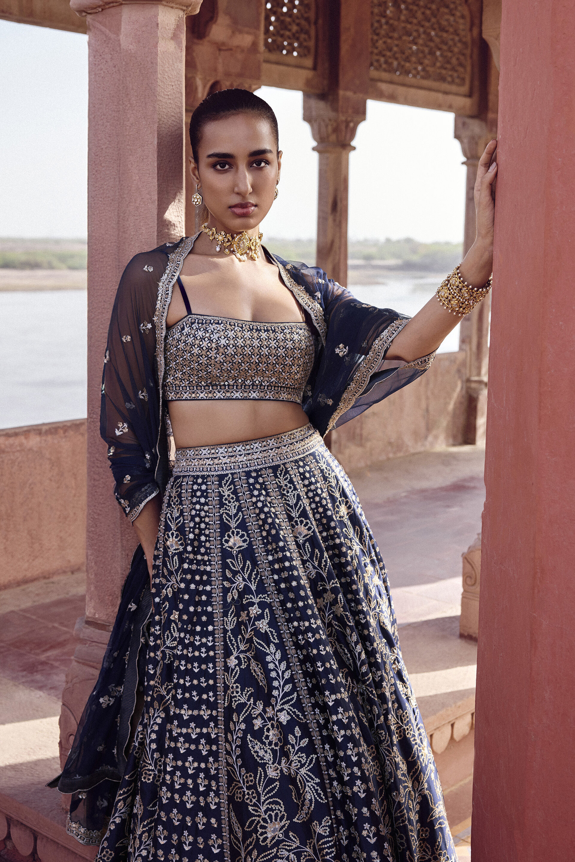 Triyama Embroidered Silk Lehenga Set - Blue, Blue, image 5