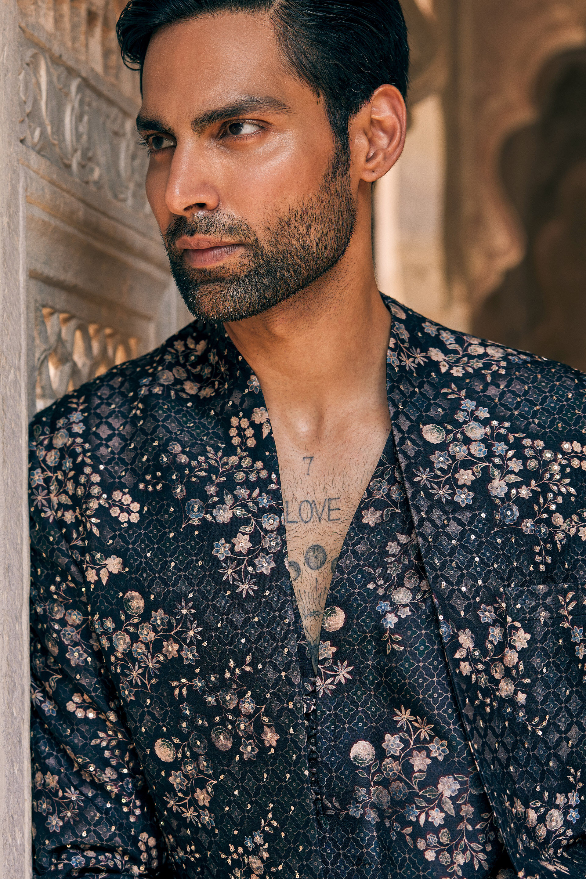 Rukham Printed Silk Sherwani - Black, Black, image 3