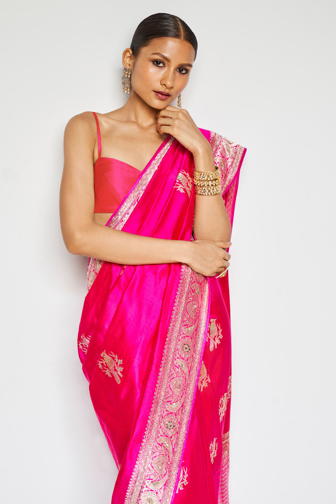 Malavika Benarasi Silk Embroidered Saree - Pink, Pink, image 5