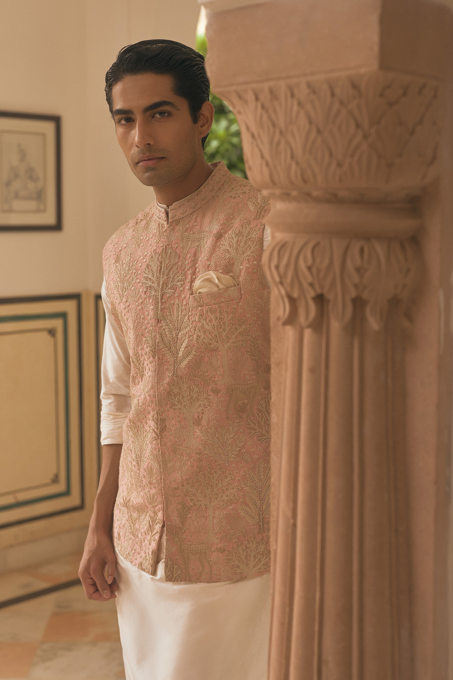 Buy Designer Kirav Embroidered Silk Nehru Jacket - Blush Online 