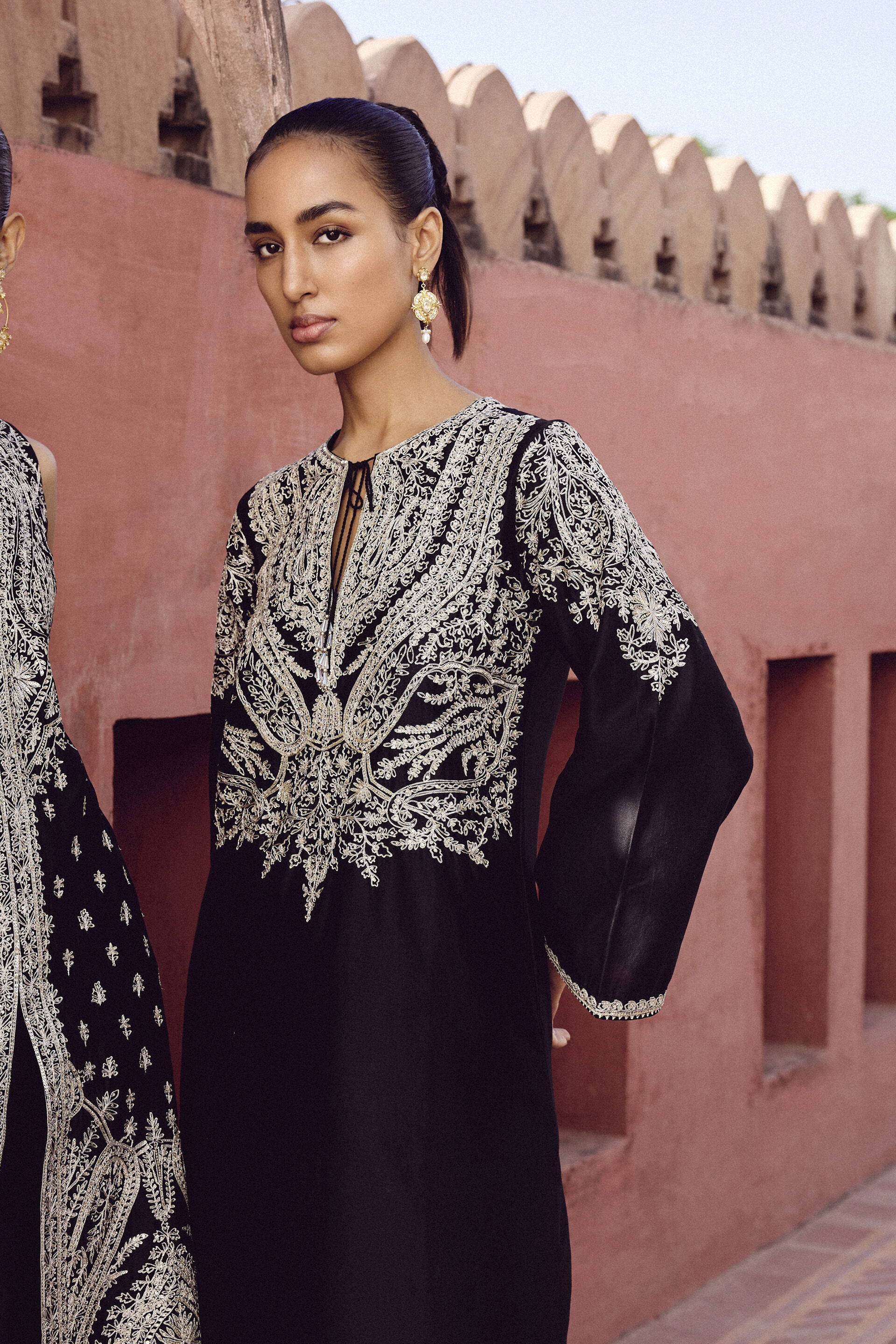 Sehrish Hand-embroidered Aari Silk Kaftan - Black, Black, image 6