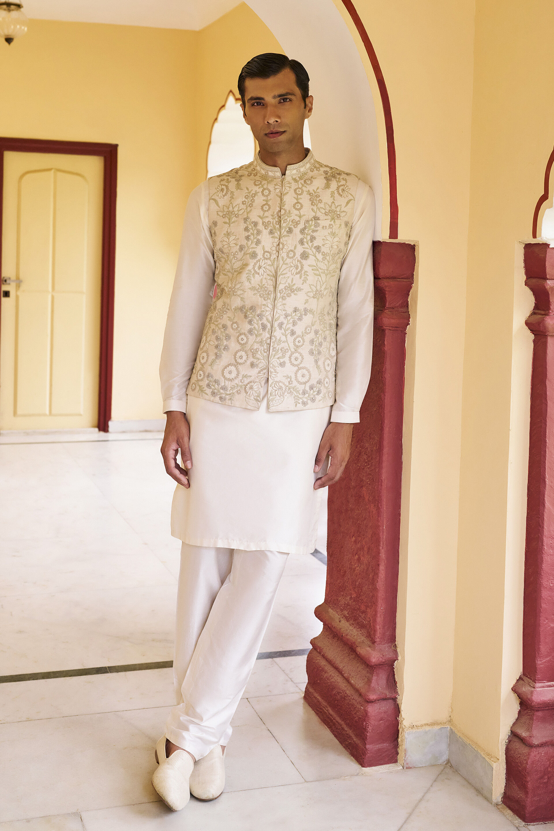 Warmth Embroidered Cord Silk Nehru Jacket - Ivory