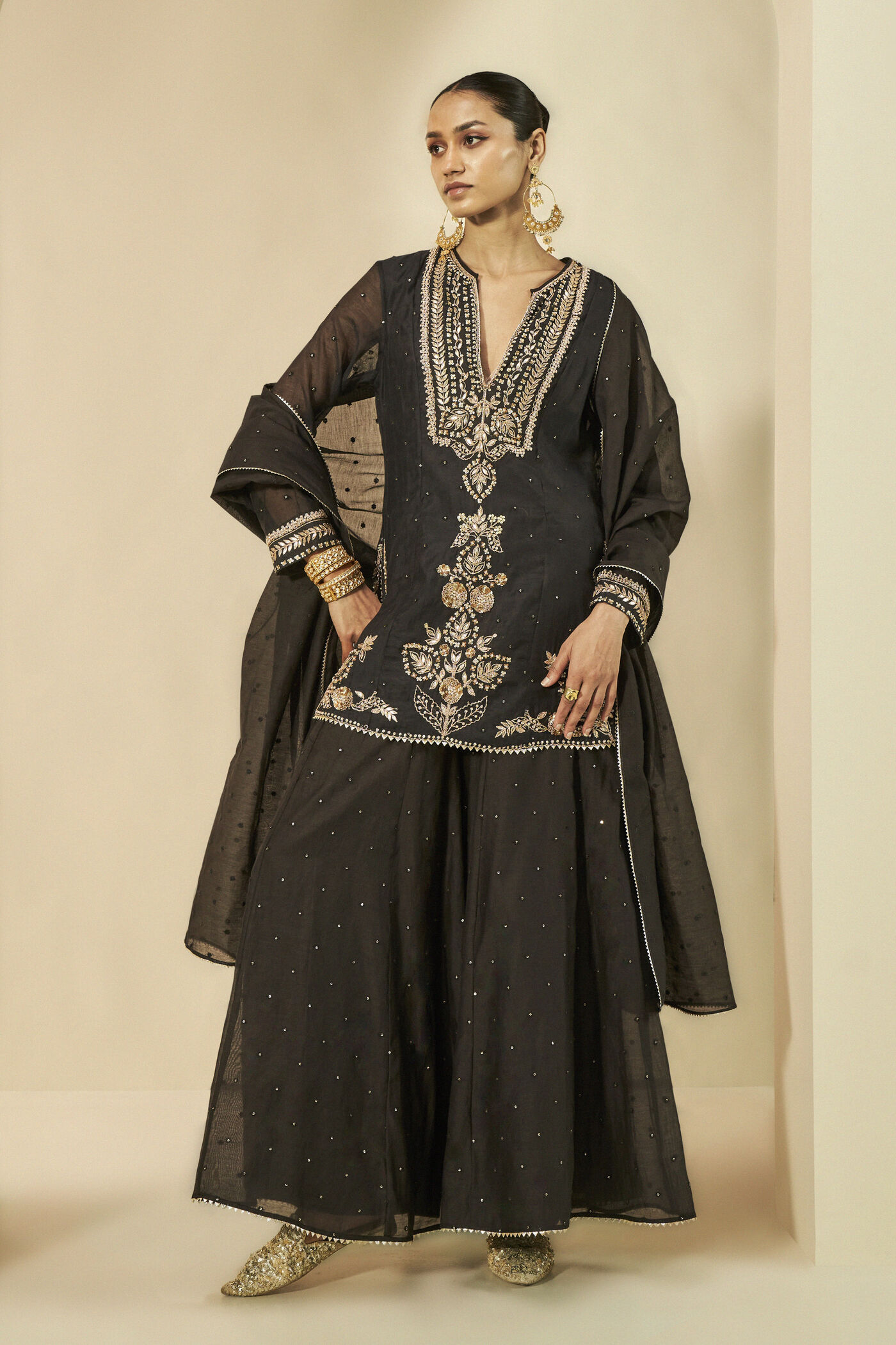 Naaznin Gota Patti Embroidered Mul Sharara Set - Black