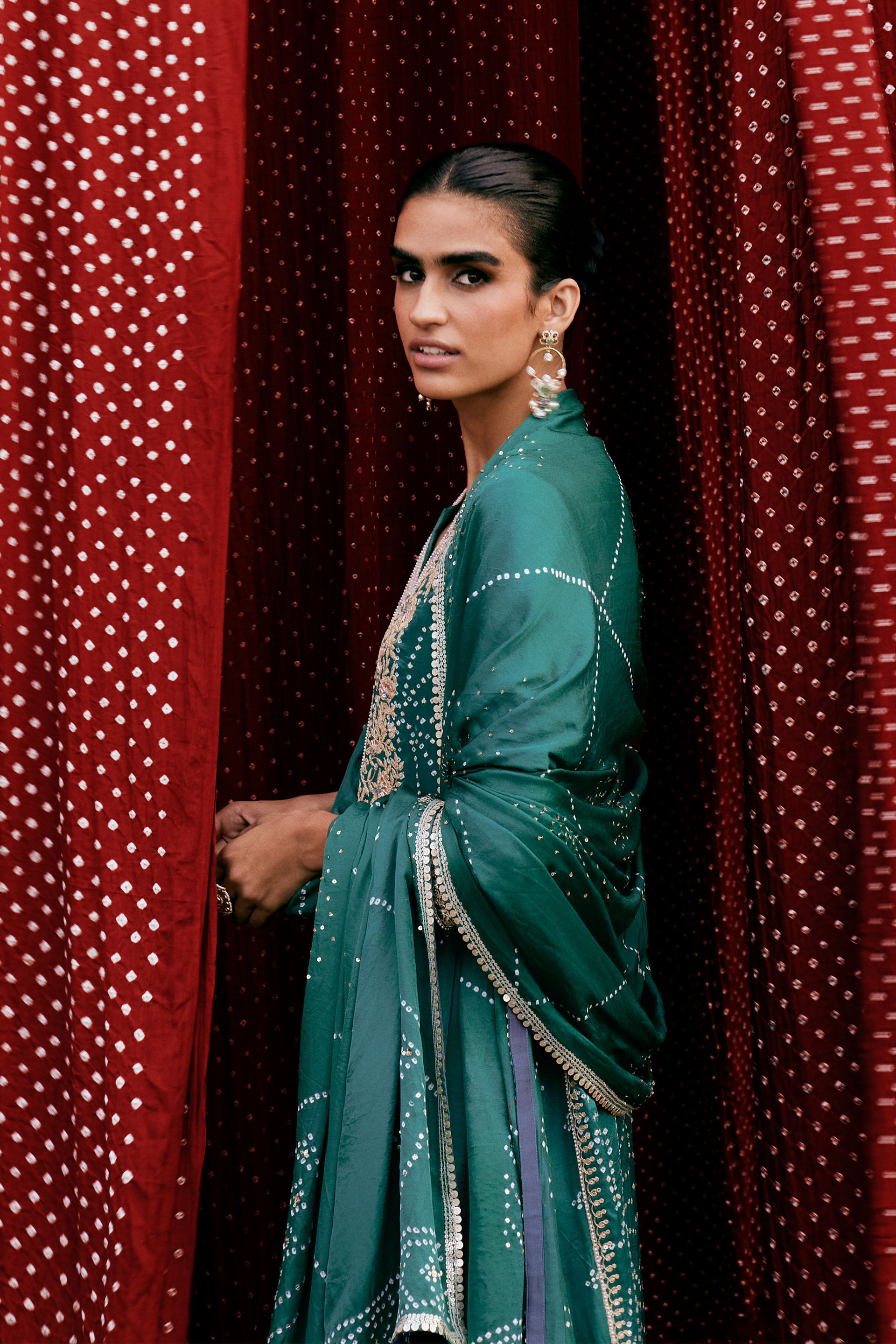 Piroska Handcrafted Bandhani Silk Suit Set - Green, Green, image 3