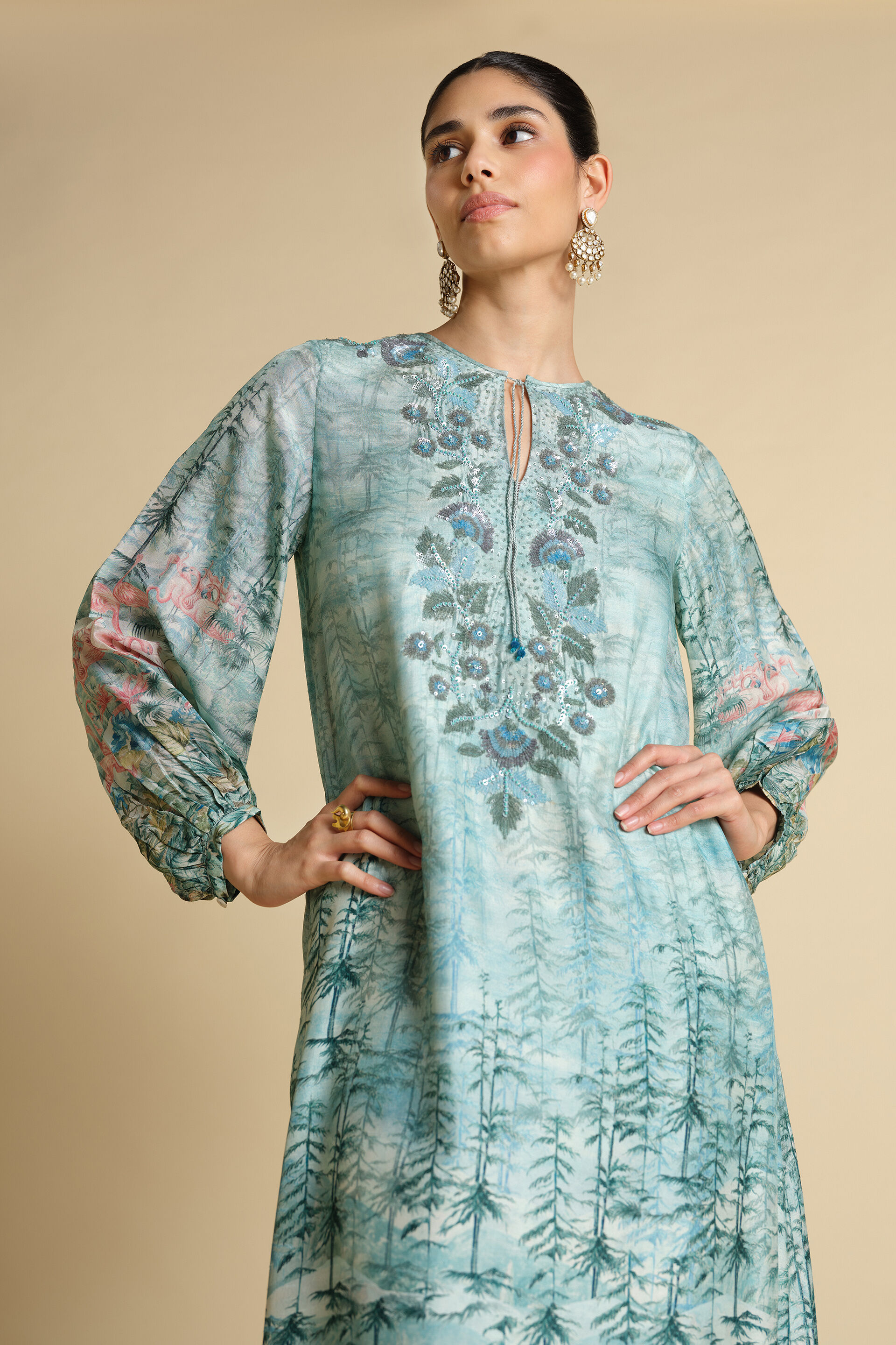 Nabha Printed Silk Kaftan - Powder Blue, Powder Blue, image 4