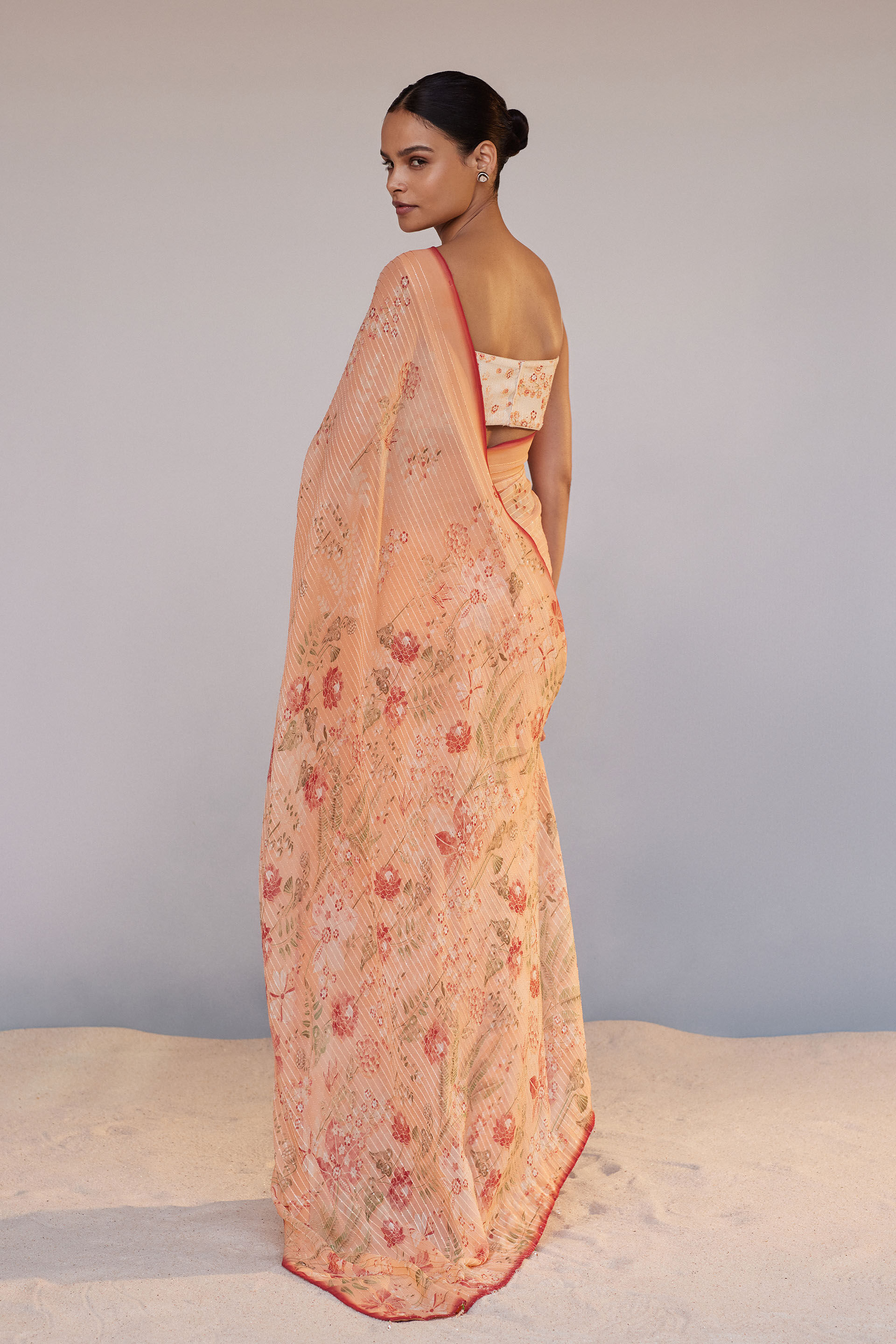 Calfuray Saree Set - Peach, Peach, image 3