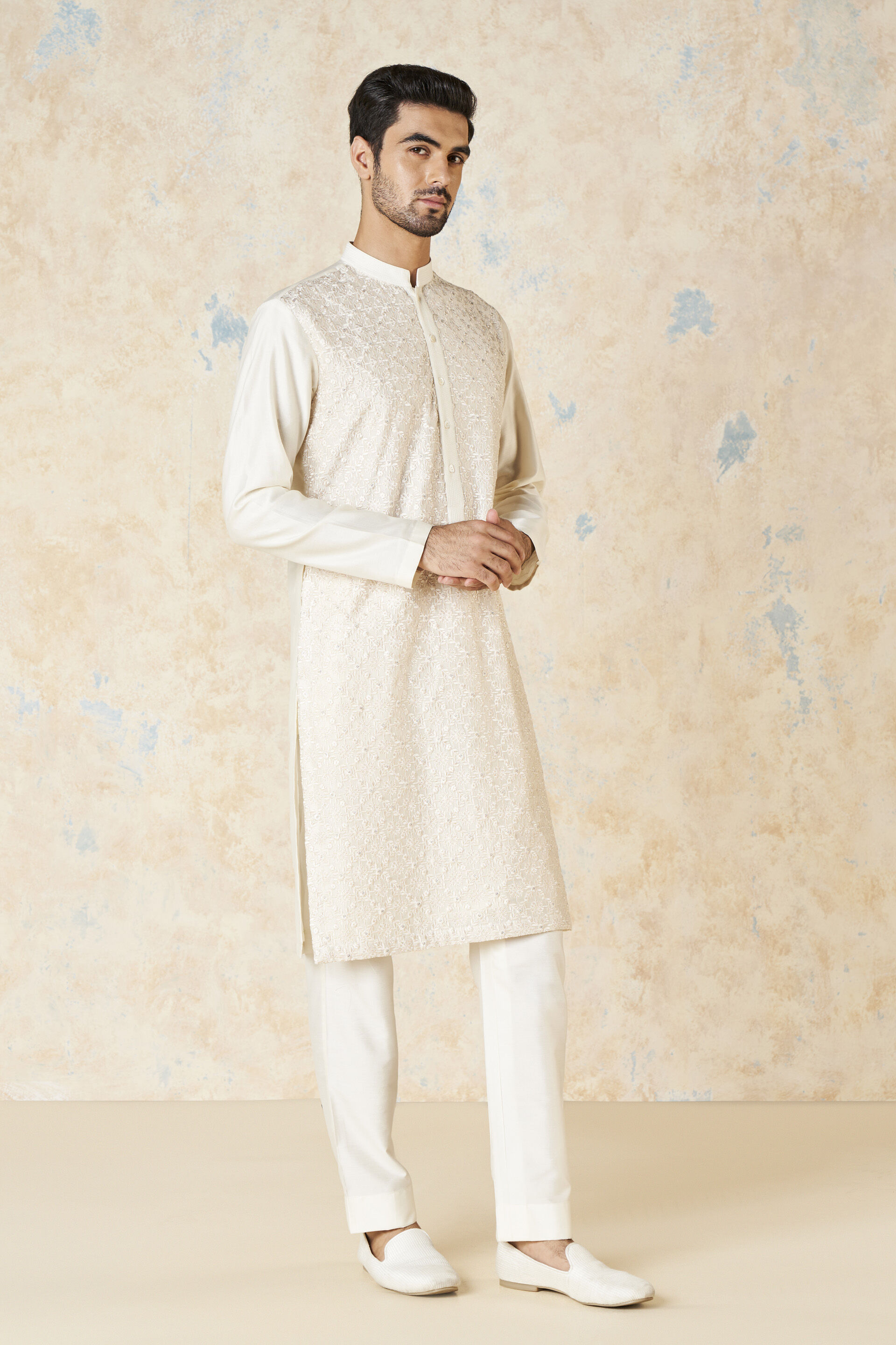 Adhikrit Embroidered Silk Kurta - White, White, image 3