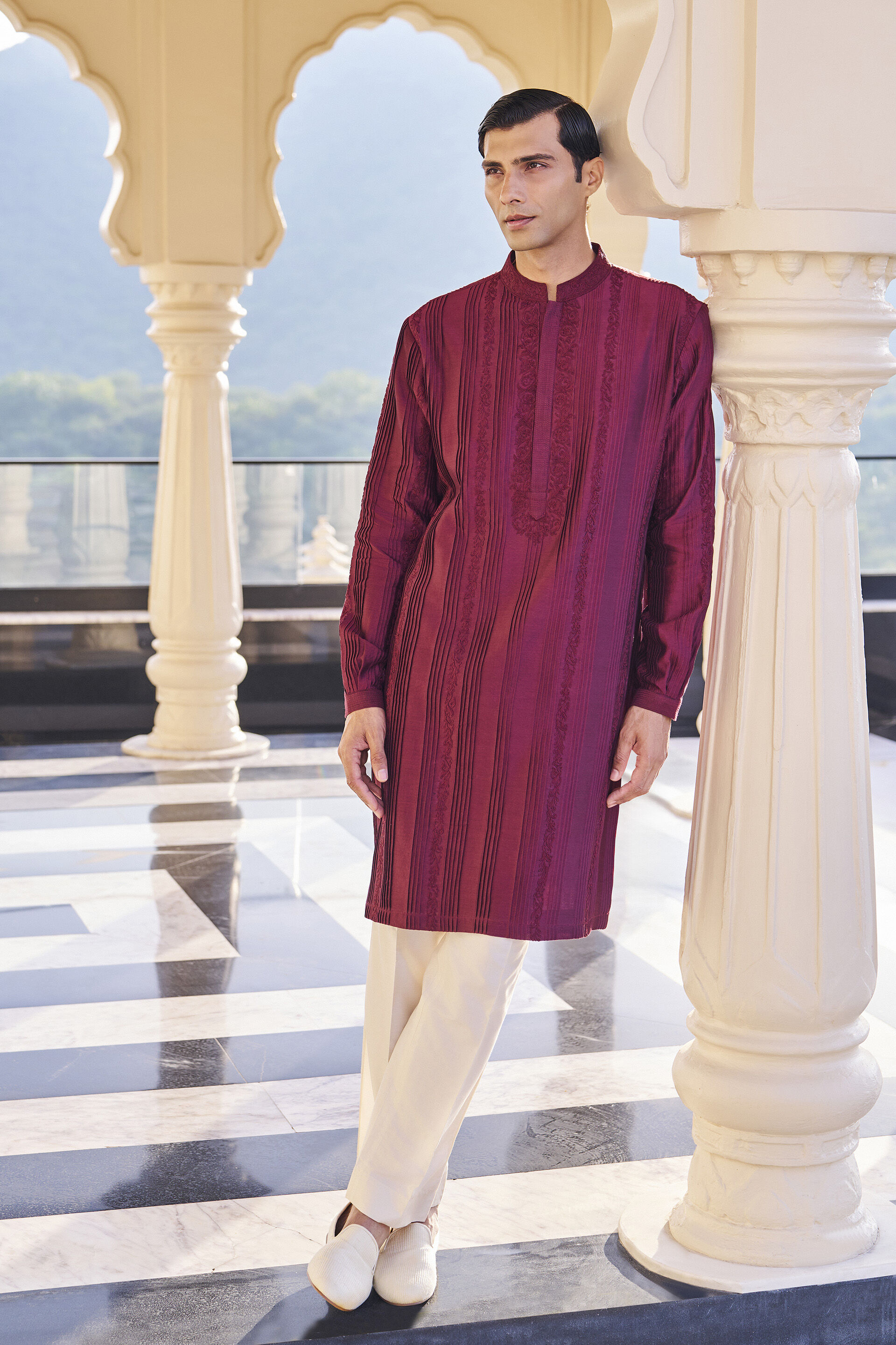 Ayan Wine Embroidered Kurta