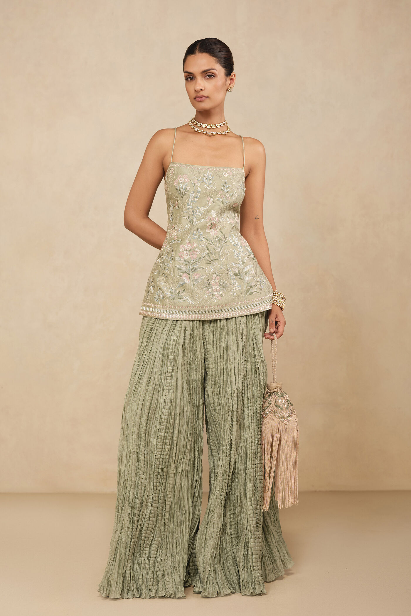 Israt Embroidered Sharara Set - Sage