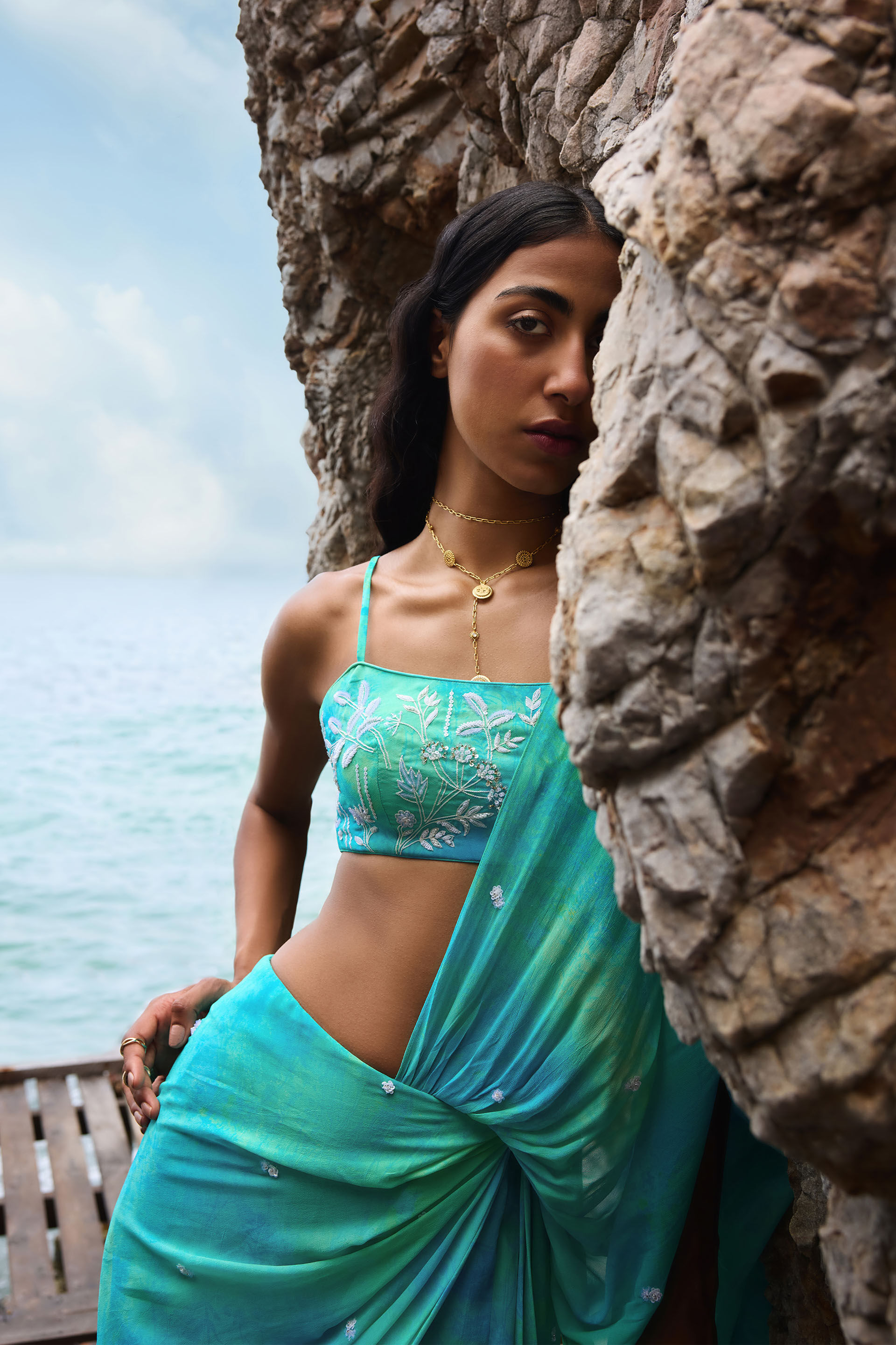 Praya Georgette Pre-draped Saree Set - Aqua, Aqua, image 5