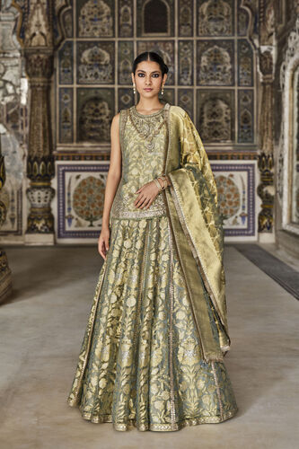 Vajasi Handwoven Benarasi Silk Lehenga Set - Aqua, Aqua, image 1