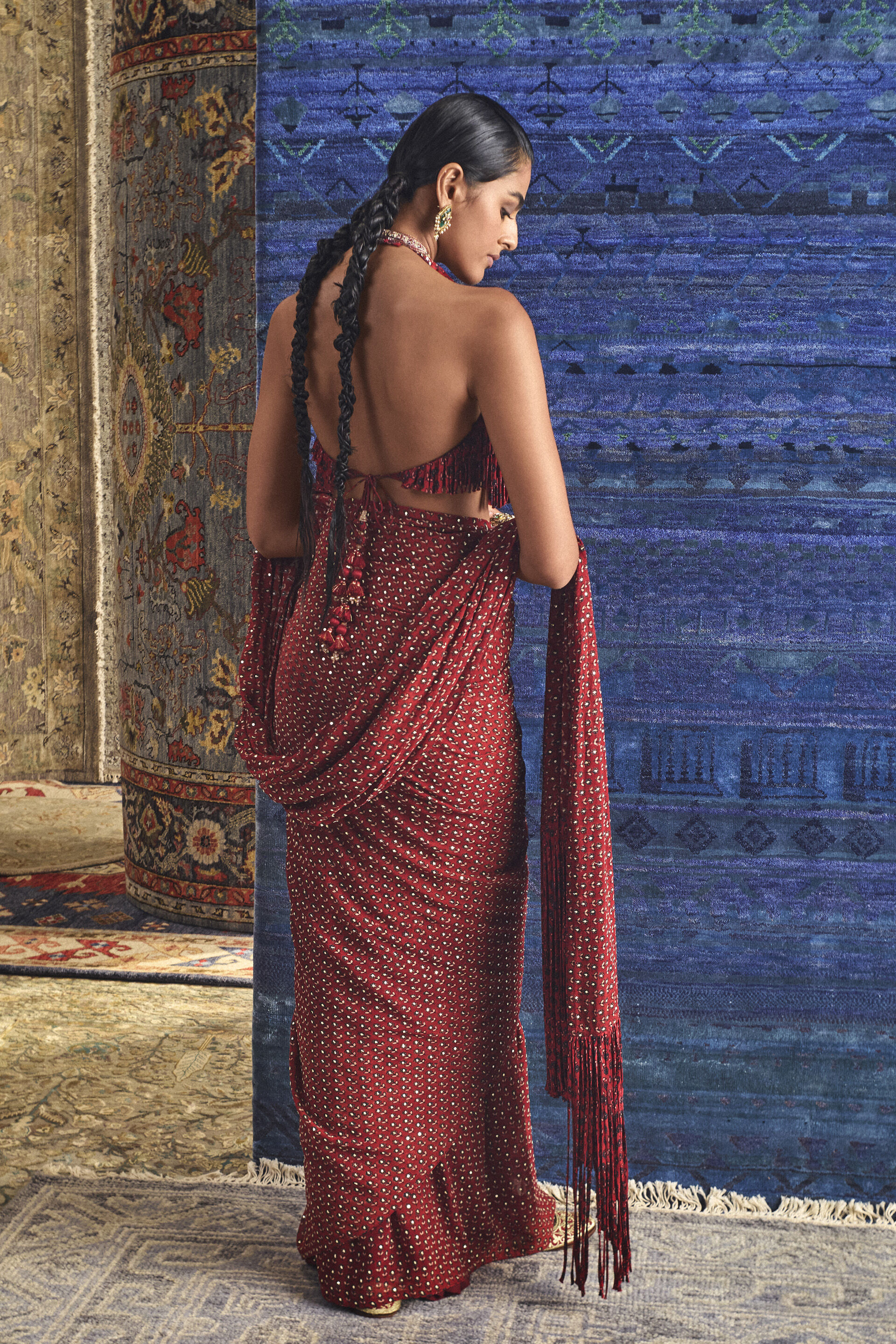 Anuka Ajrakh Hand-block Printed Fringe Pre-draped Saree - Red