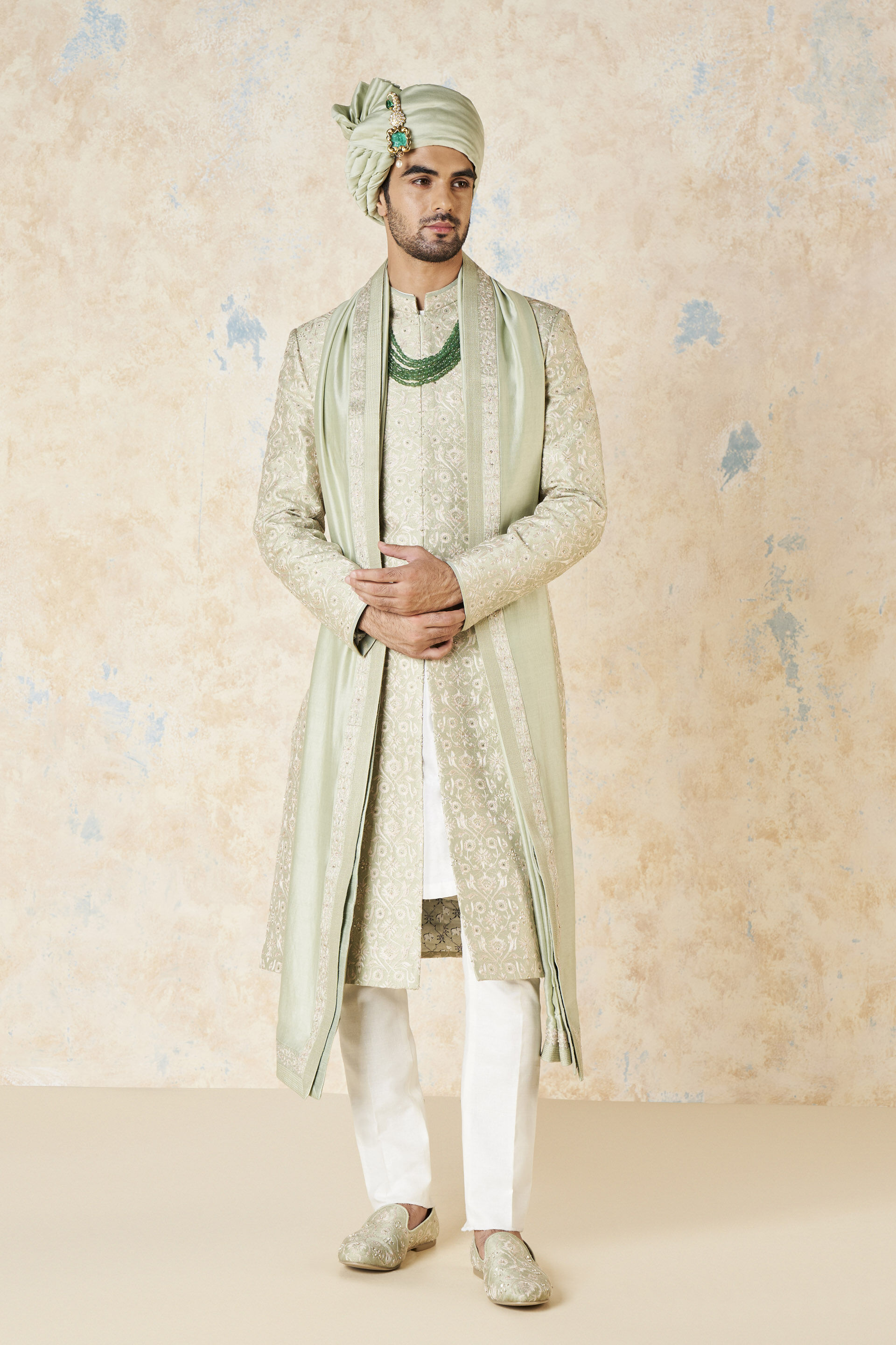 Aajay Zardozi &amp; Aari Silk Sherwani - Sage
