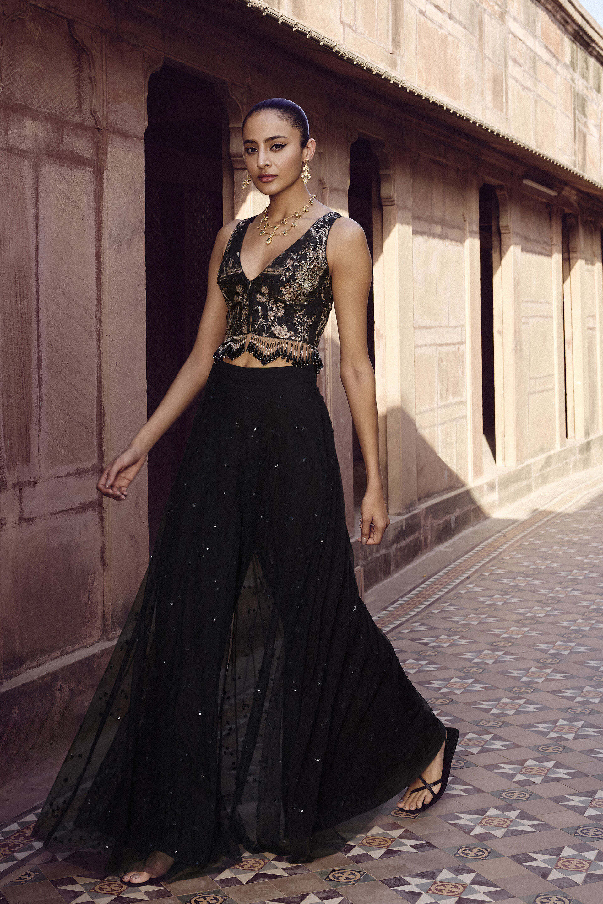 Alayla Embroidered Sharara Set - Black, Black, image 3