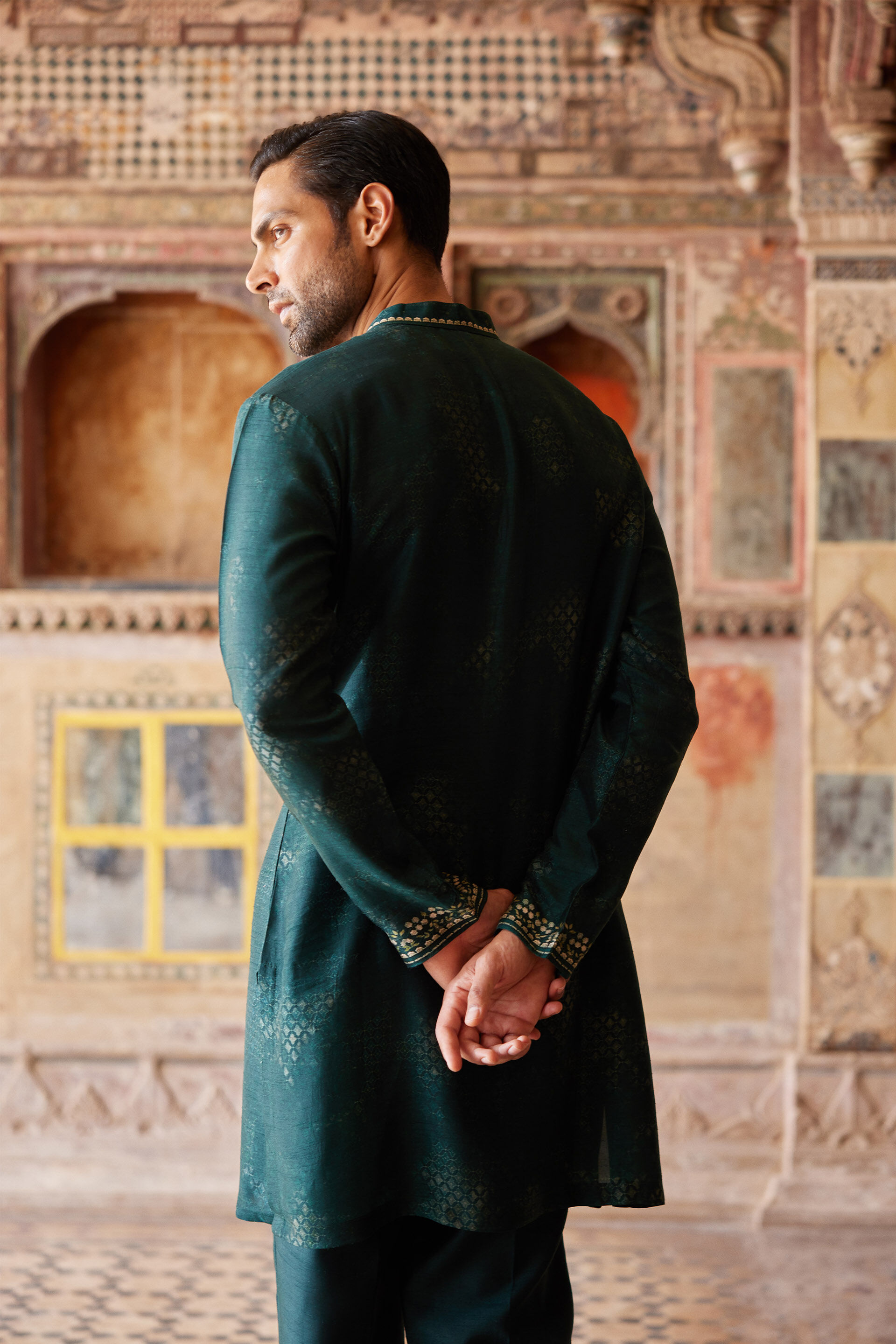 Khidr Printed Silk Kurta - Green, Green, image 4