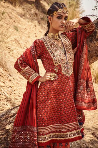 2 - Ekaa Ajrakh Kurta Set – Red, image 2