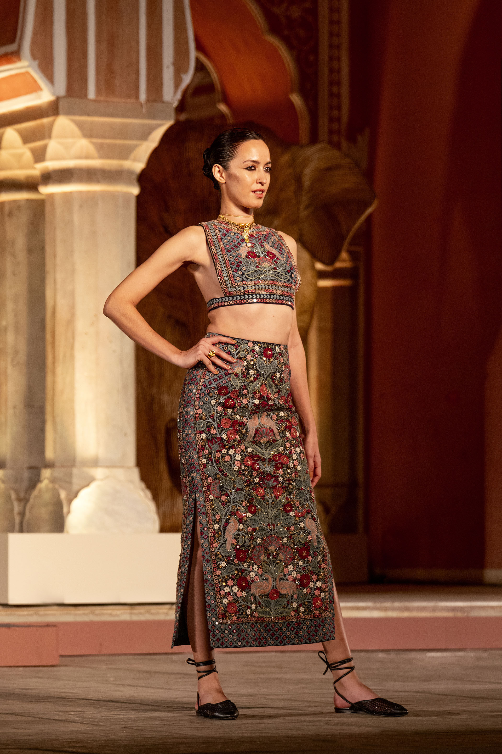 Symphony Of The Wilderness Zardozi & Mirror Embroidered Silk Skirt Set - Blue