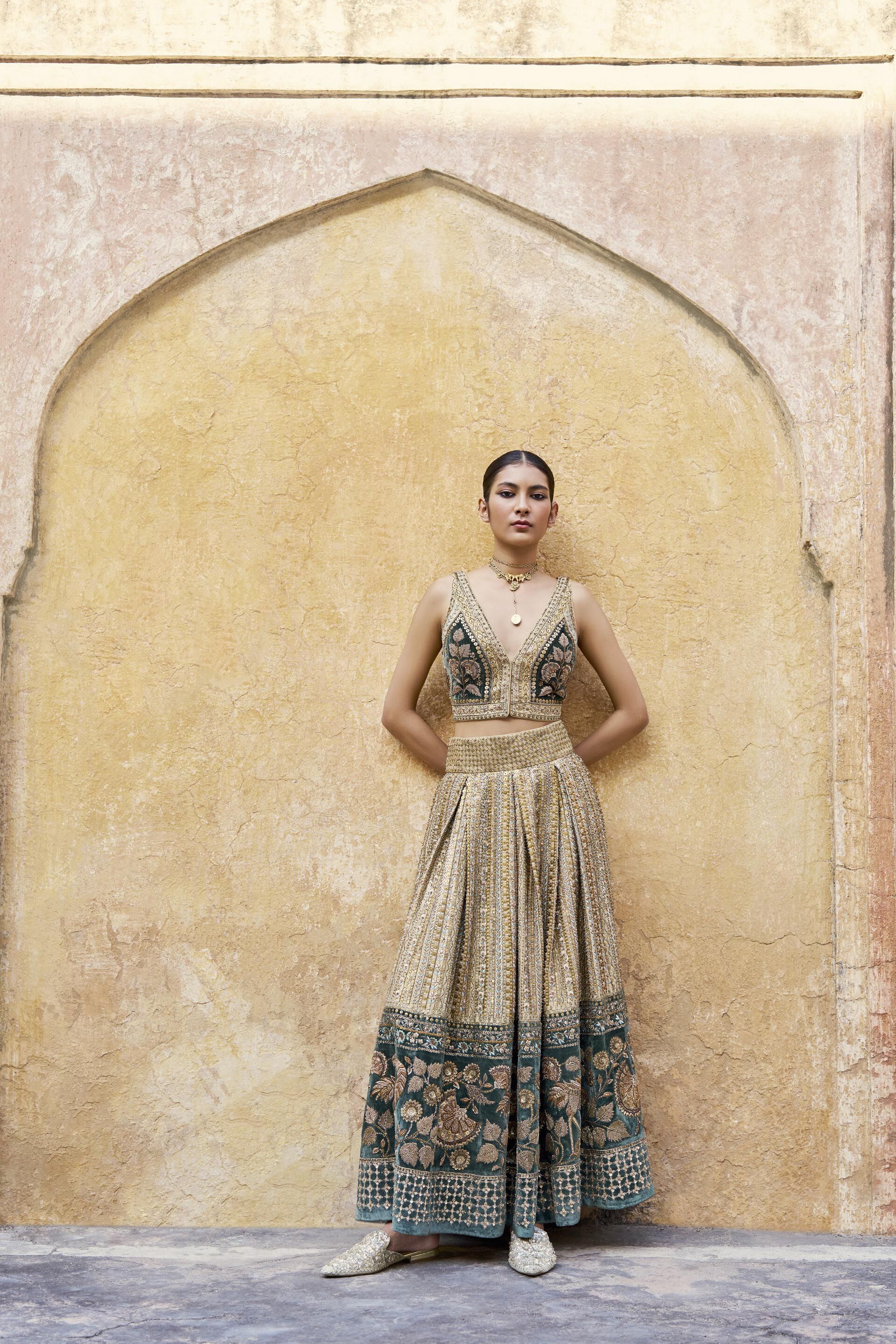 Heart of The Forest Embroidered Zardozi Skirt Set - Gold, Gold, image 1