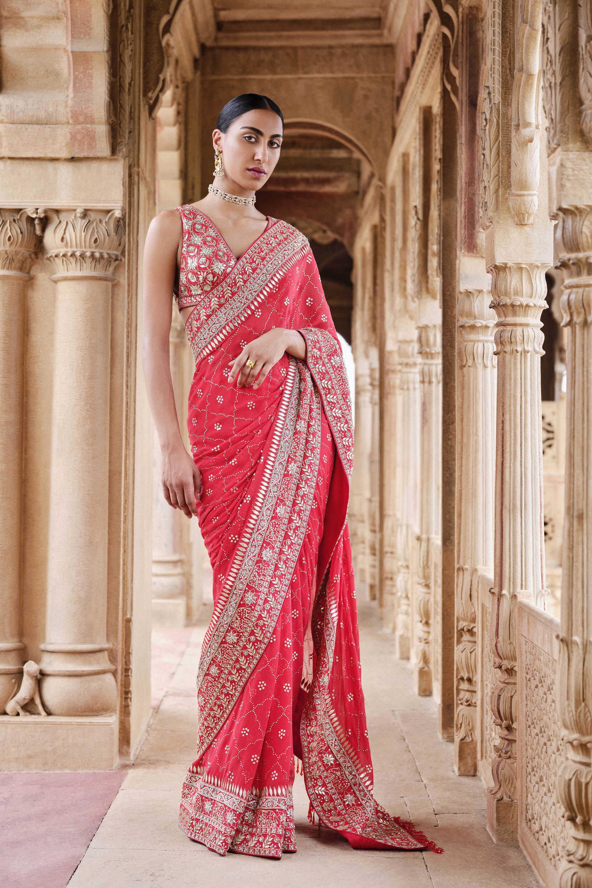 Anushna Handcrafted Badla Georgette Saree Red