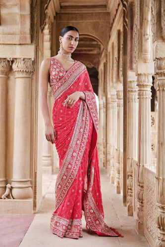 Anushna Handcrafted Badla Georgette Saree, Red, image 1