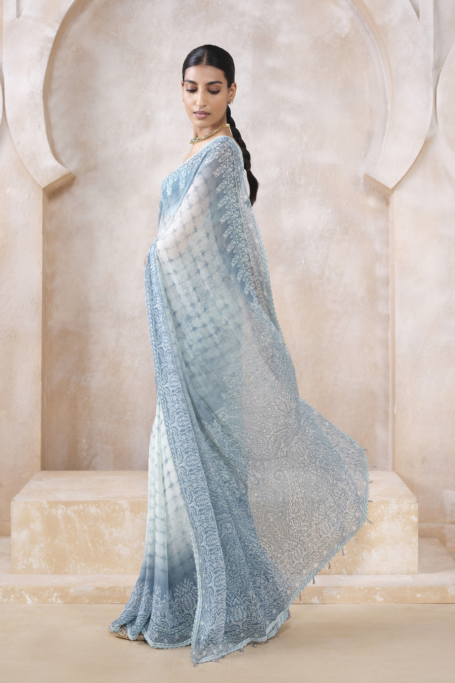 Midori Sequin Chiffon Saree - White, White, image 4