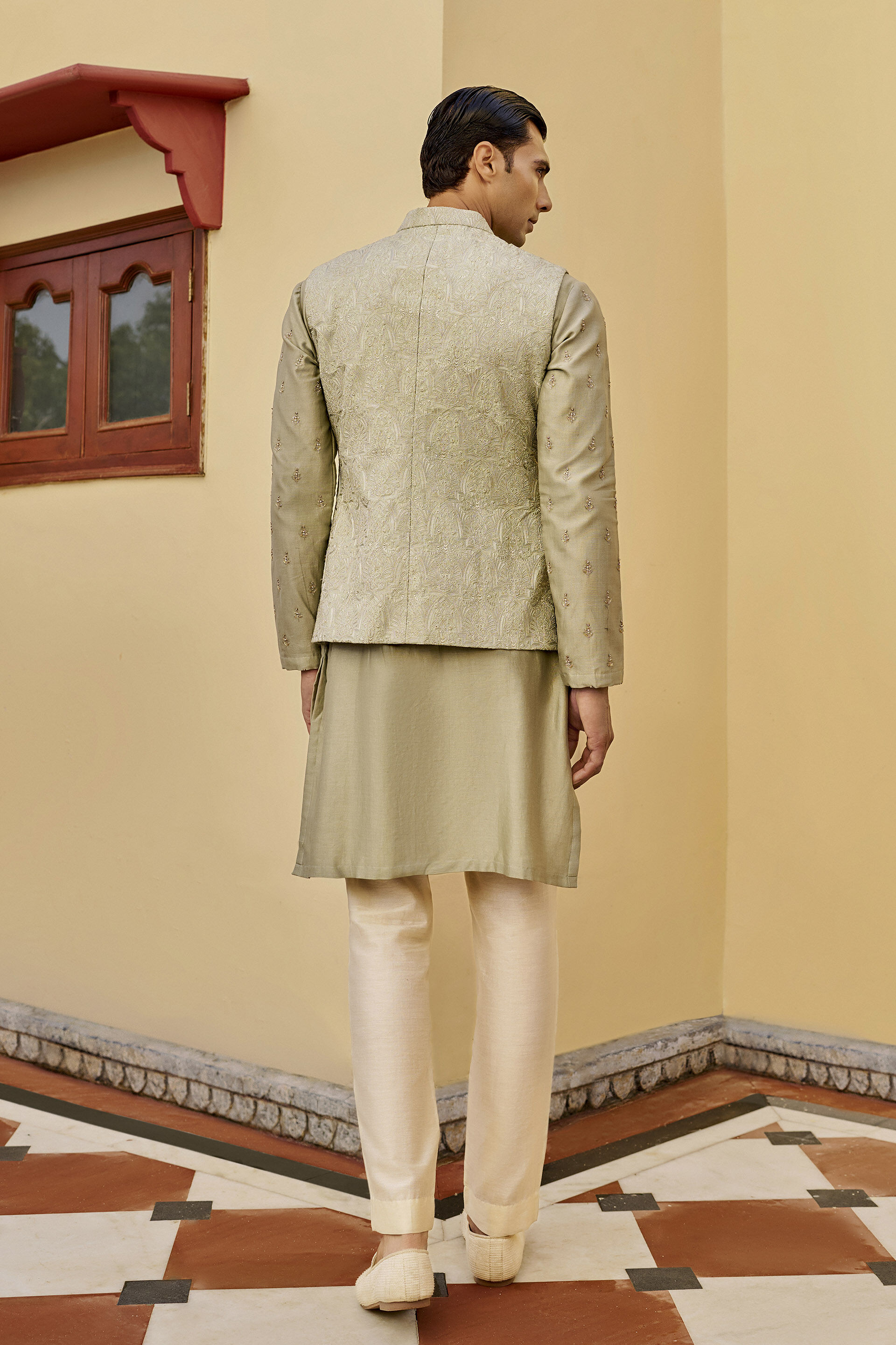 Fondness Embroidered Silk Nehru Jacket - Sage