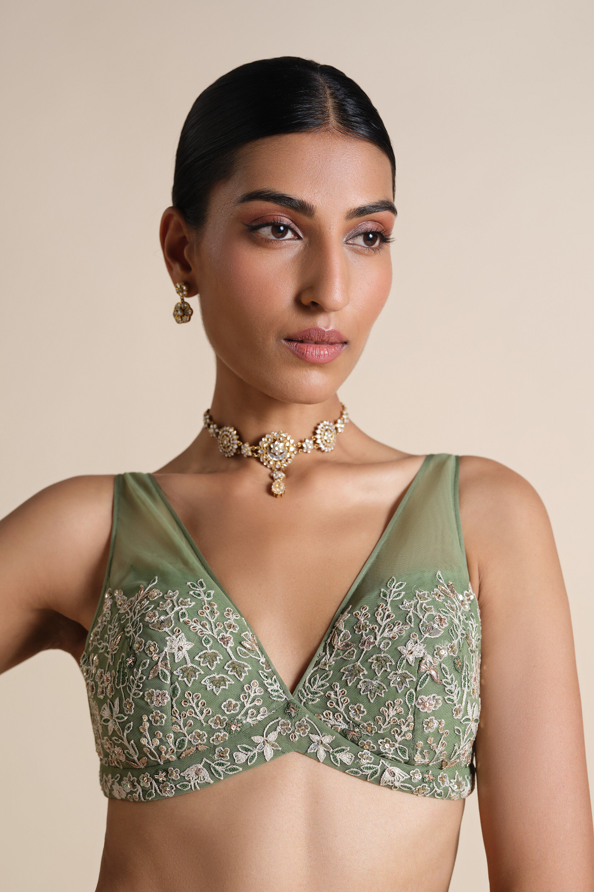 Elodea Embroidered Georgette Choli - Sage
