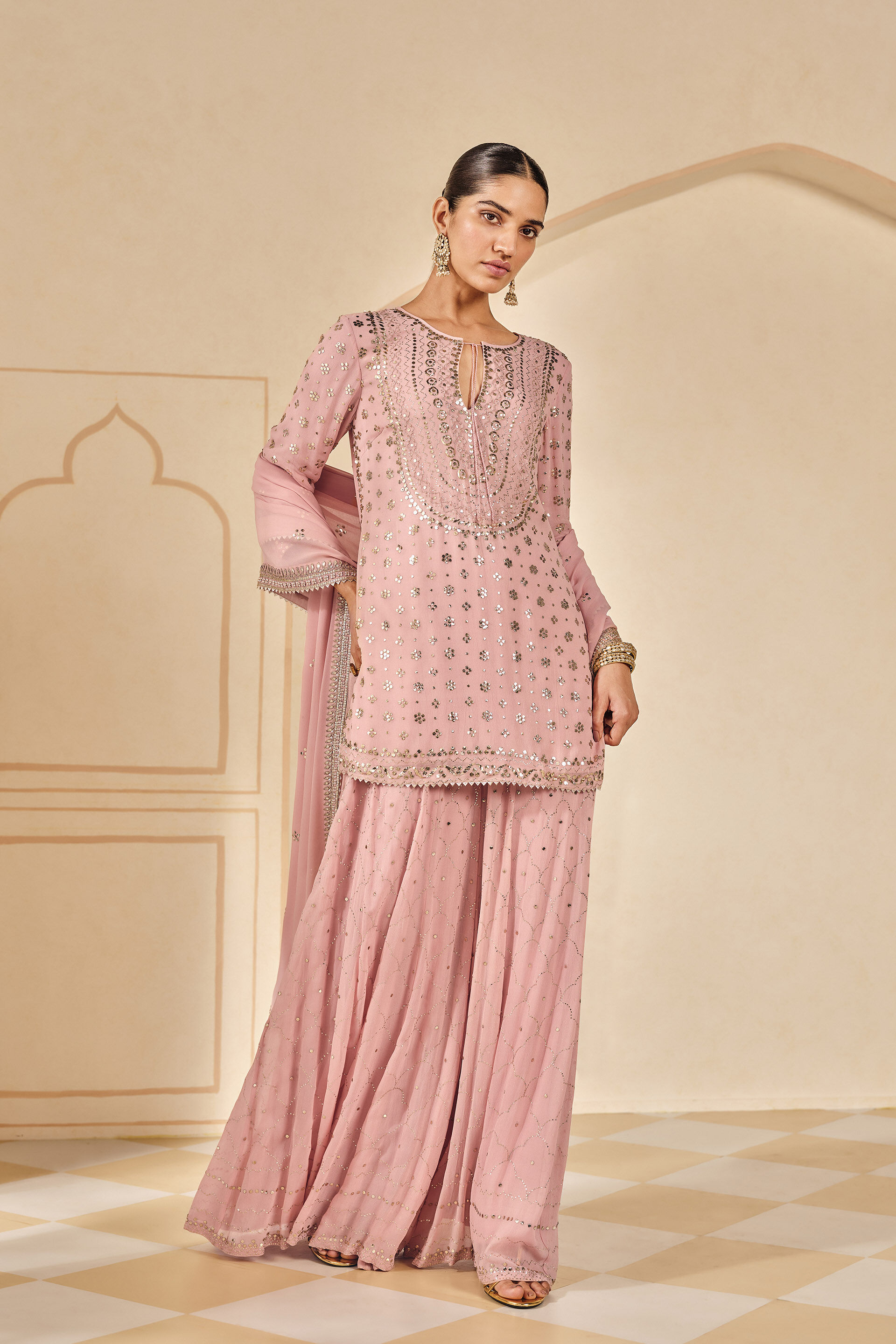 Zynah Handcrafted Badla Sharara Set - Blush